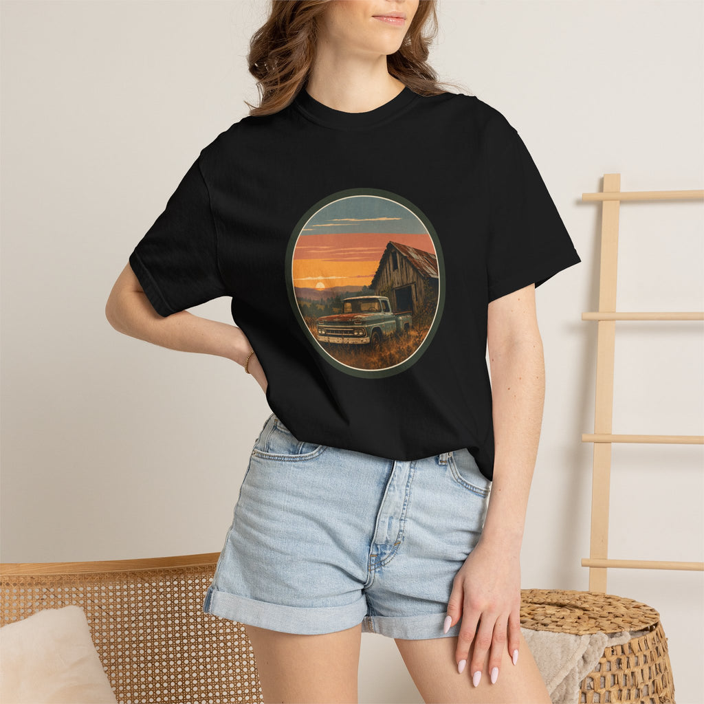 Vintage Sunset Barn T-Shirt — Retro Truck Farm Scene