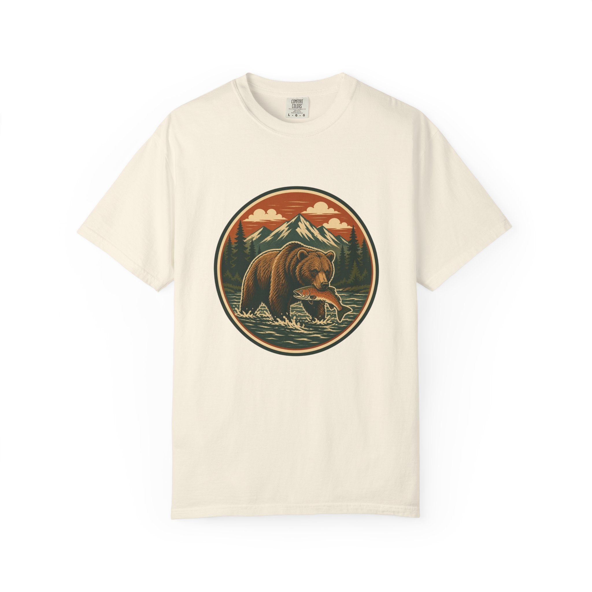 Bear Fishing Mountain T-Shirt — Retro Wilderness Outdoor Graphic Tee