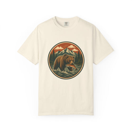 Bear Fishing Mountain T-Shirt — Retro Wilderness Outdoor Graphic Tee