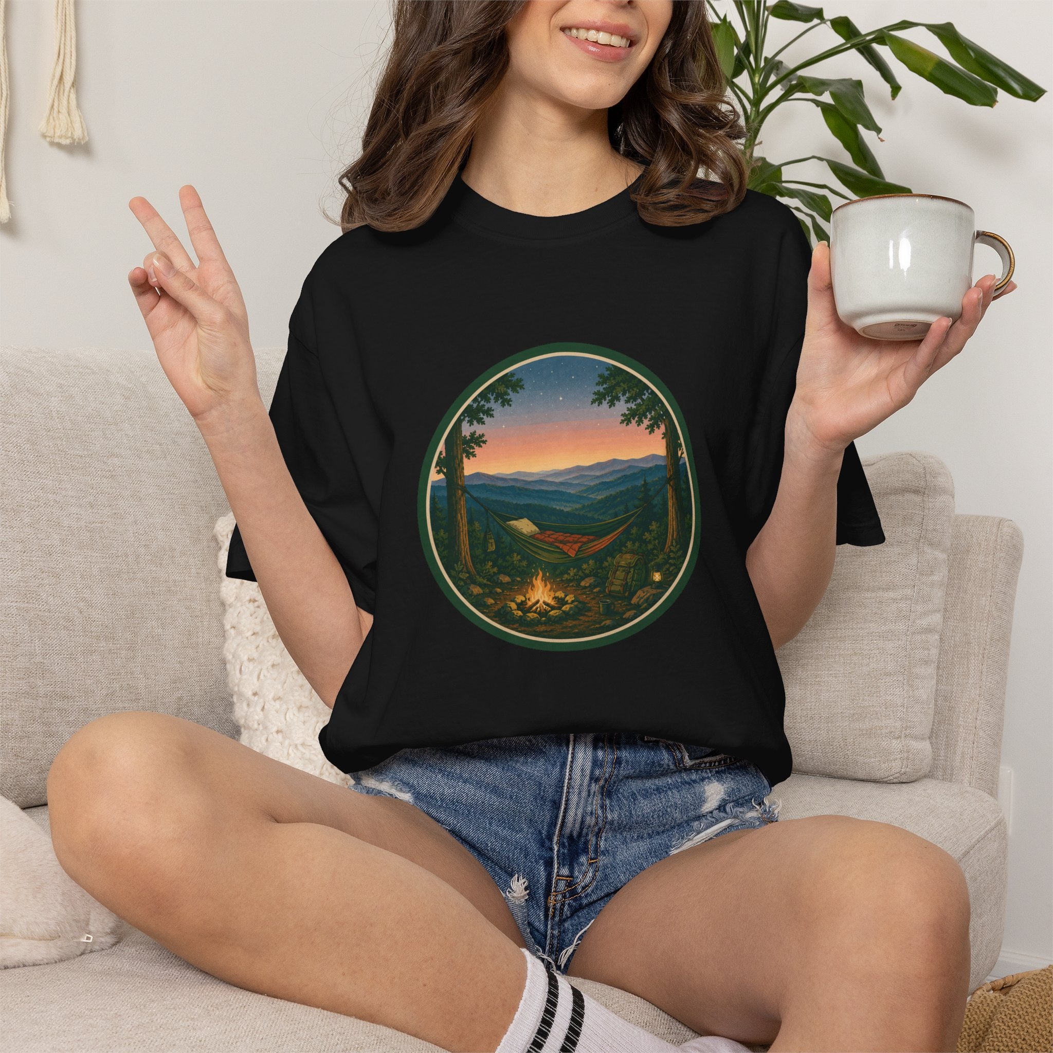 Campfire Mountain Sunset T-Shirt — Scenic Hiking Adventure Tee