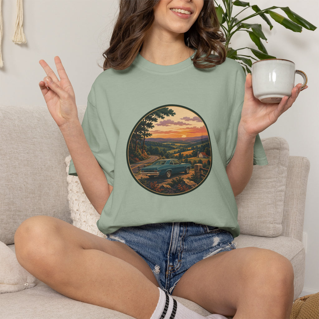 Sunset Valley Classic Car Landscape T-Shirt
