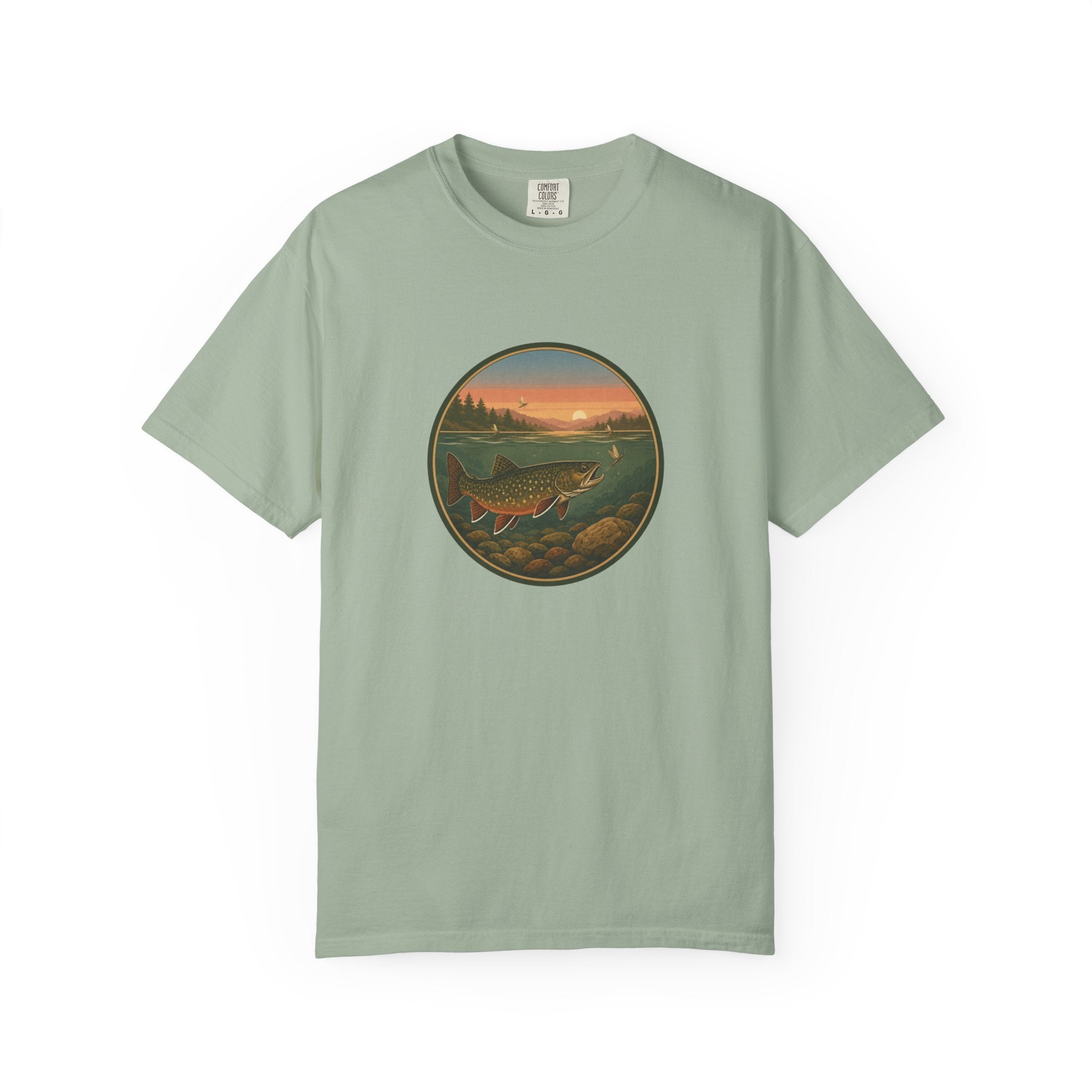Brook Trout Sunset Fishing T-Shirt — Vintage River Scene Tee