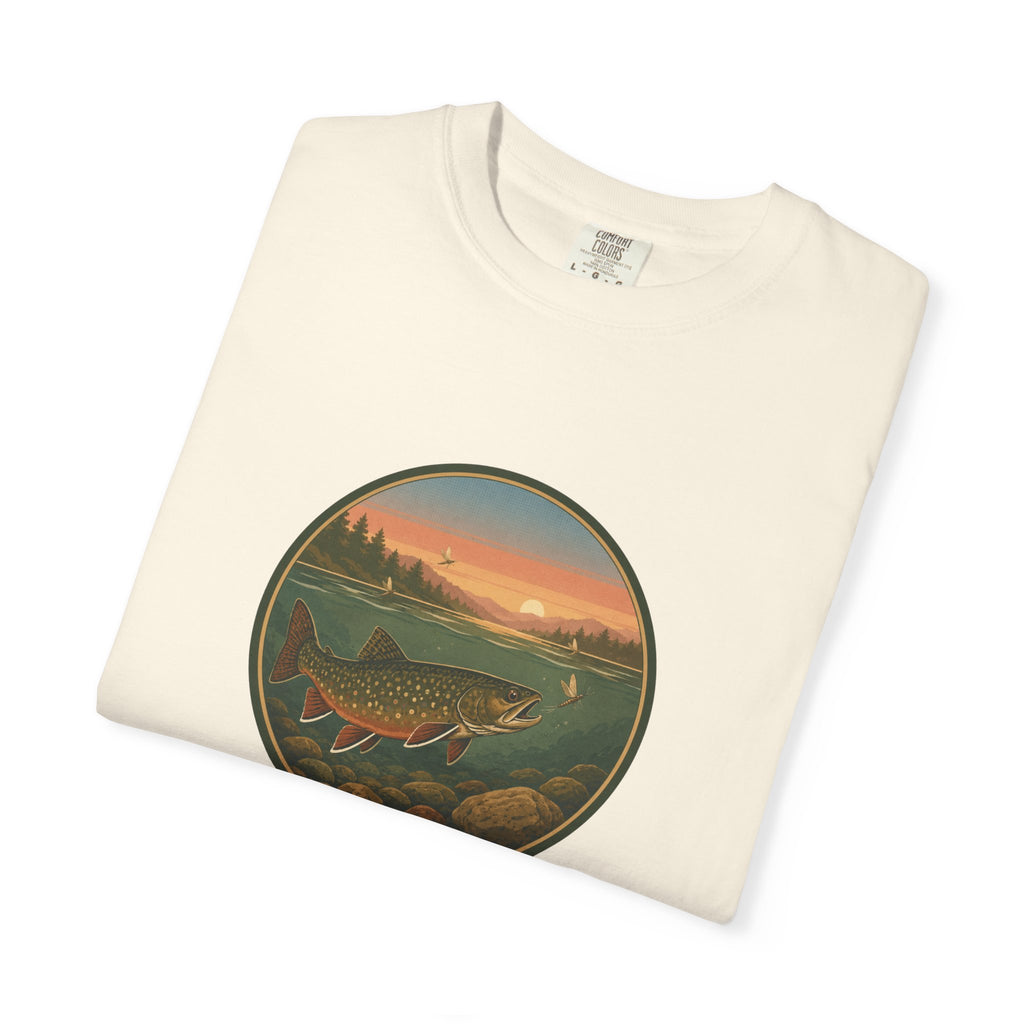 Brook Trout Sunset Fishing T-Shirt — Vintage River Scene Tee
