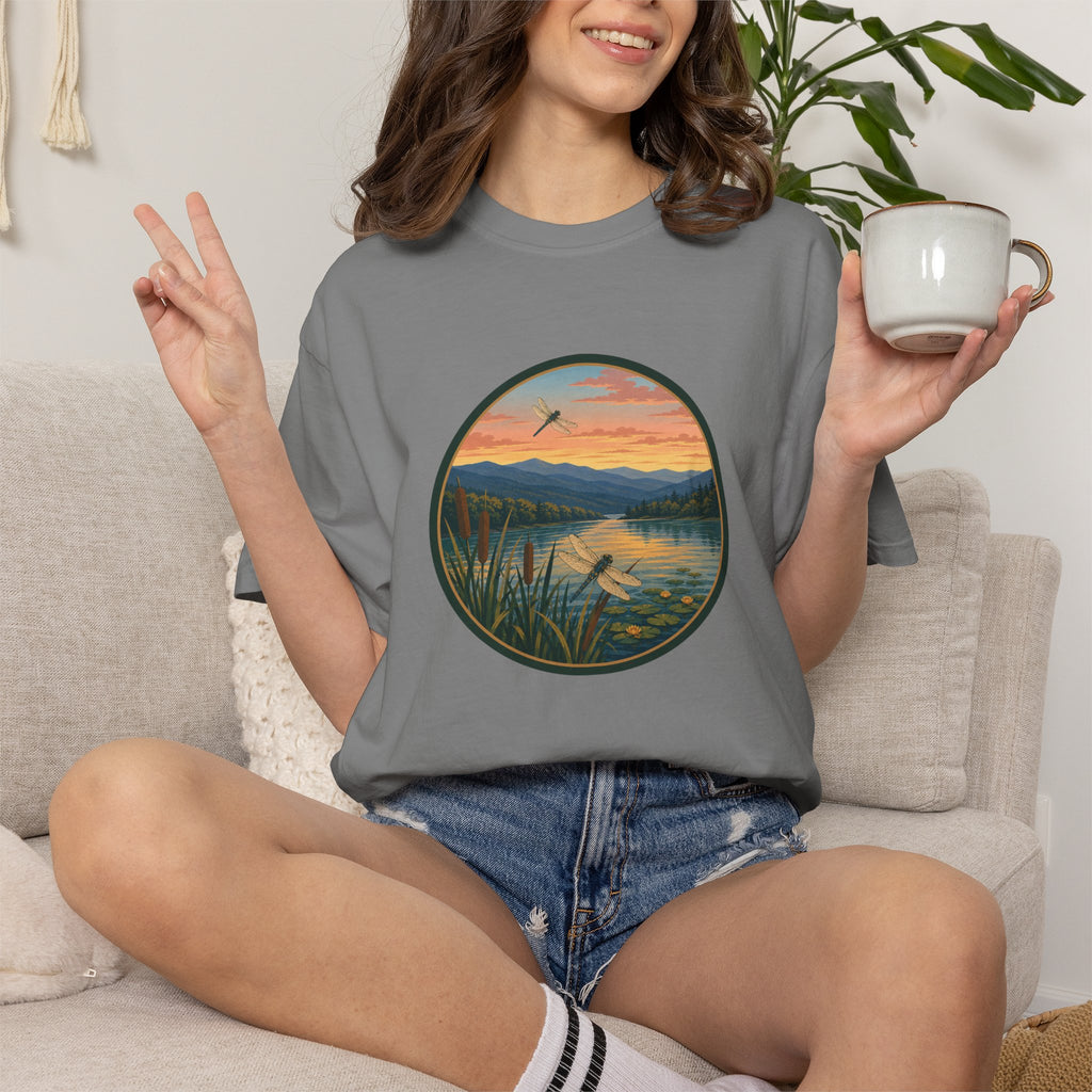 Dragonfly Sunset Lake Scene T-Shirt — Scenic Mountain Nature Tee