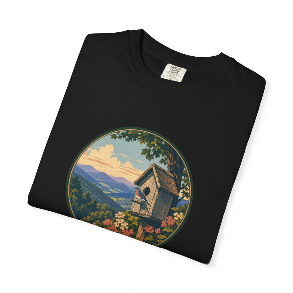 Scenic Birdhouse Tee — Mountain Sunrise Nature T-Shirt