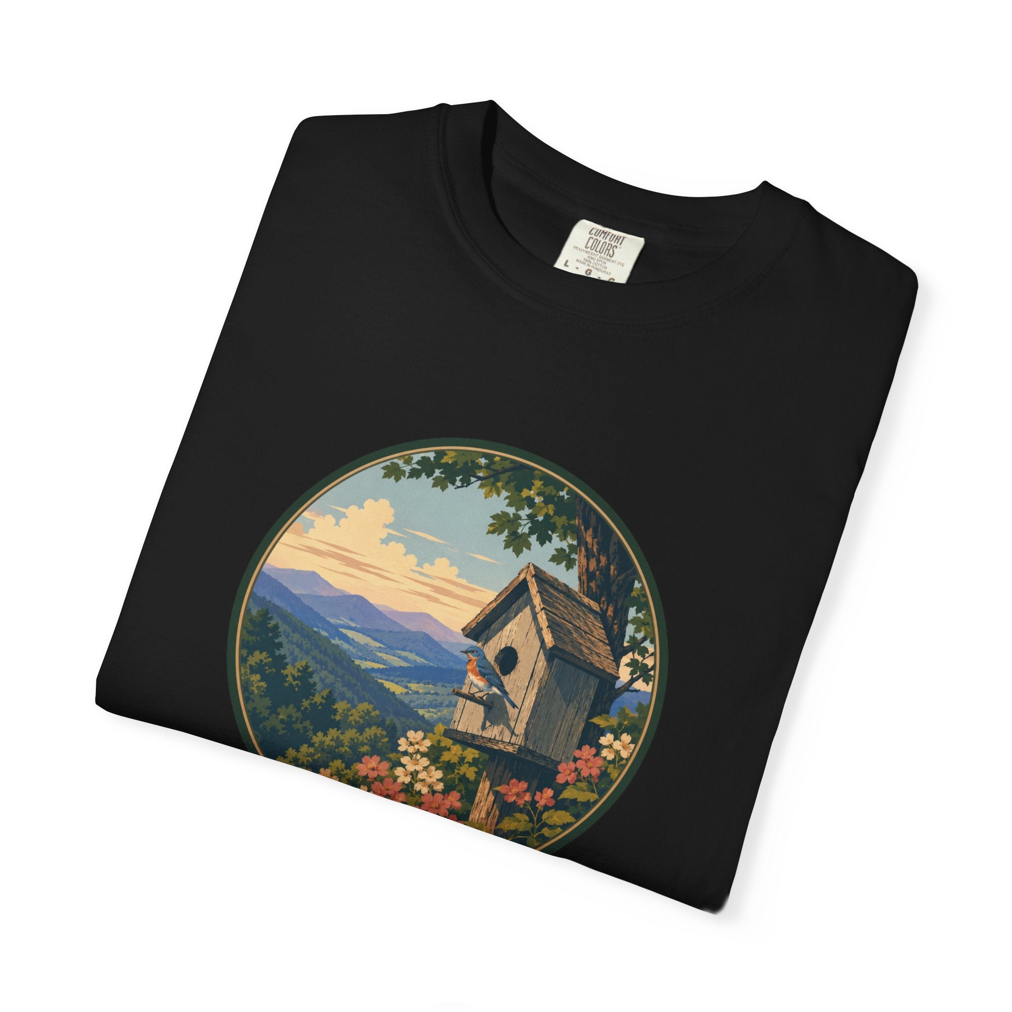 Scenic Birdhouse Tee — Mountain Sunrise Nature T-Shirt