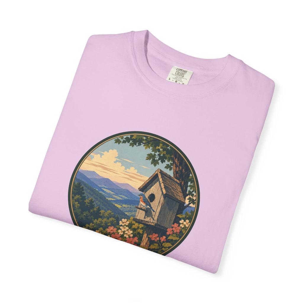 Scenic Birdhouse Tee — Mountain Sunrise Nature T-Shirt