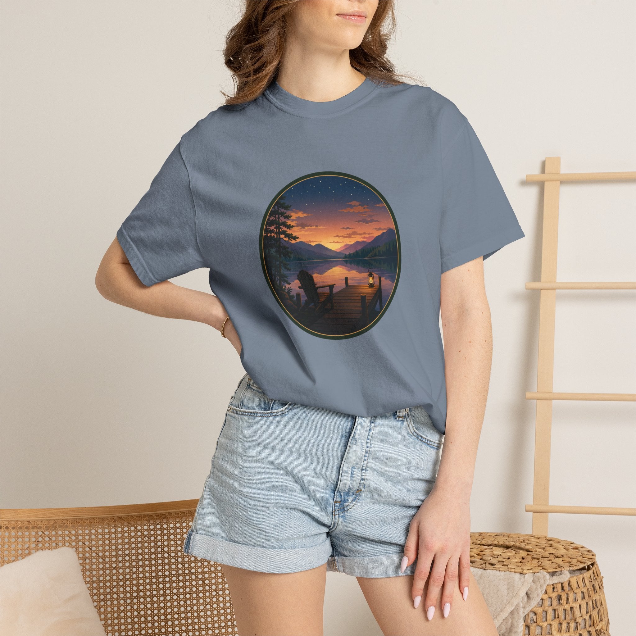 Sunset Lake Camping T-Shirt — Scenic Mountain Lantern Graphic
