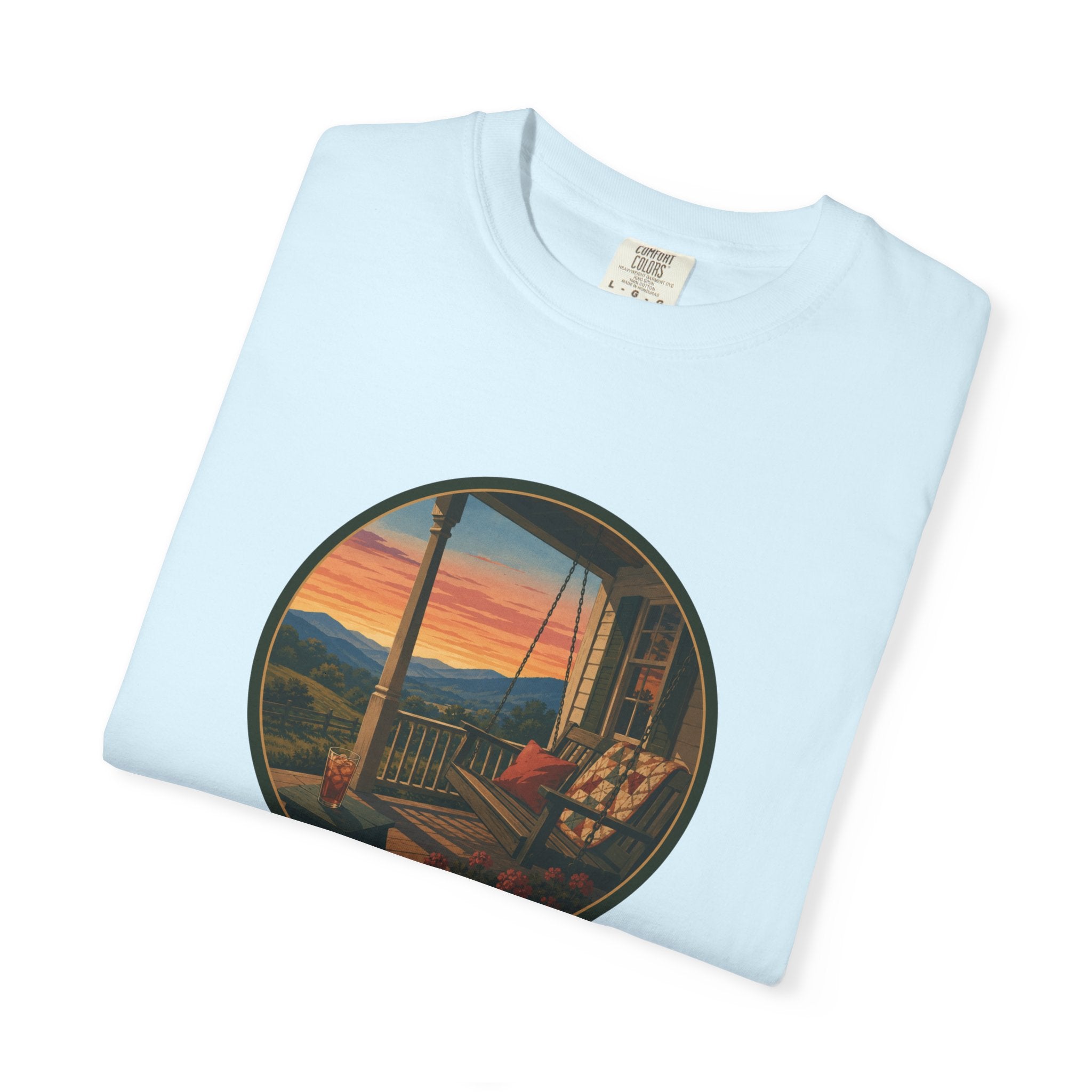 Sunset Porch Circle T-Shirt — Scenic Porch Swing Graphic Tee