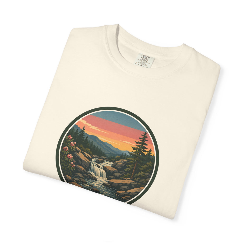 Scenic Waterfall T‑Shirt — Sunset Wilderness Nature Graphic