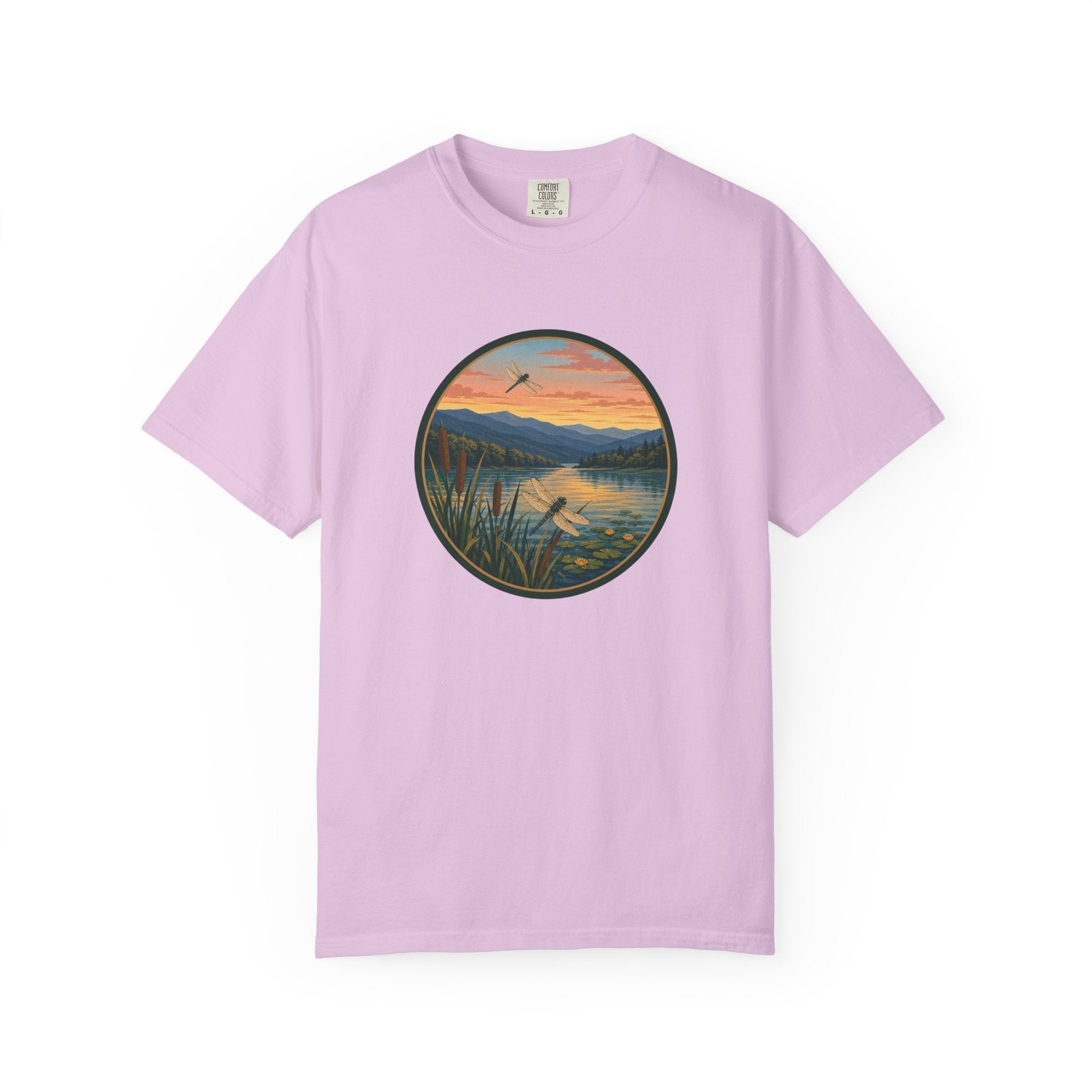 Dragonfly Sunset Lake Scene T-Shirt — Scenic Mountain Nature Tee