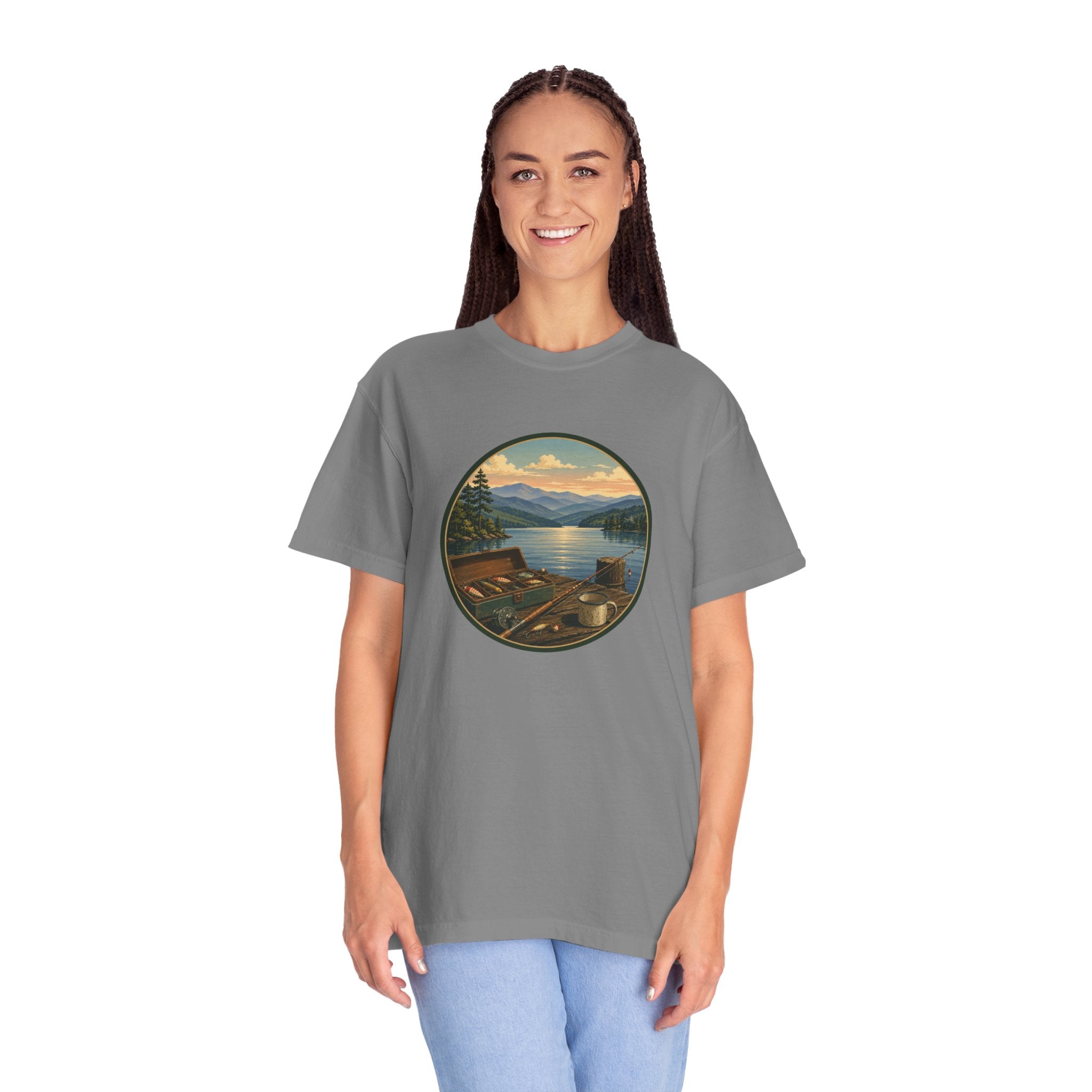 Vintage Fishing Tackle T-Shirt — Mountain View Dock Scene Tee