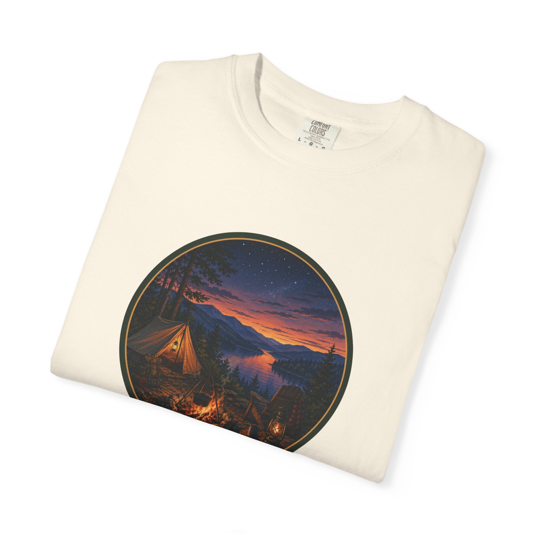 Camping Sunset T-Shirt — Riverside Campfire Night Scene