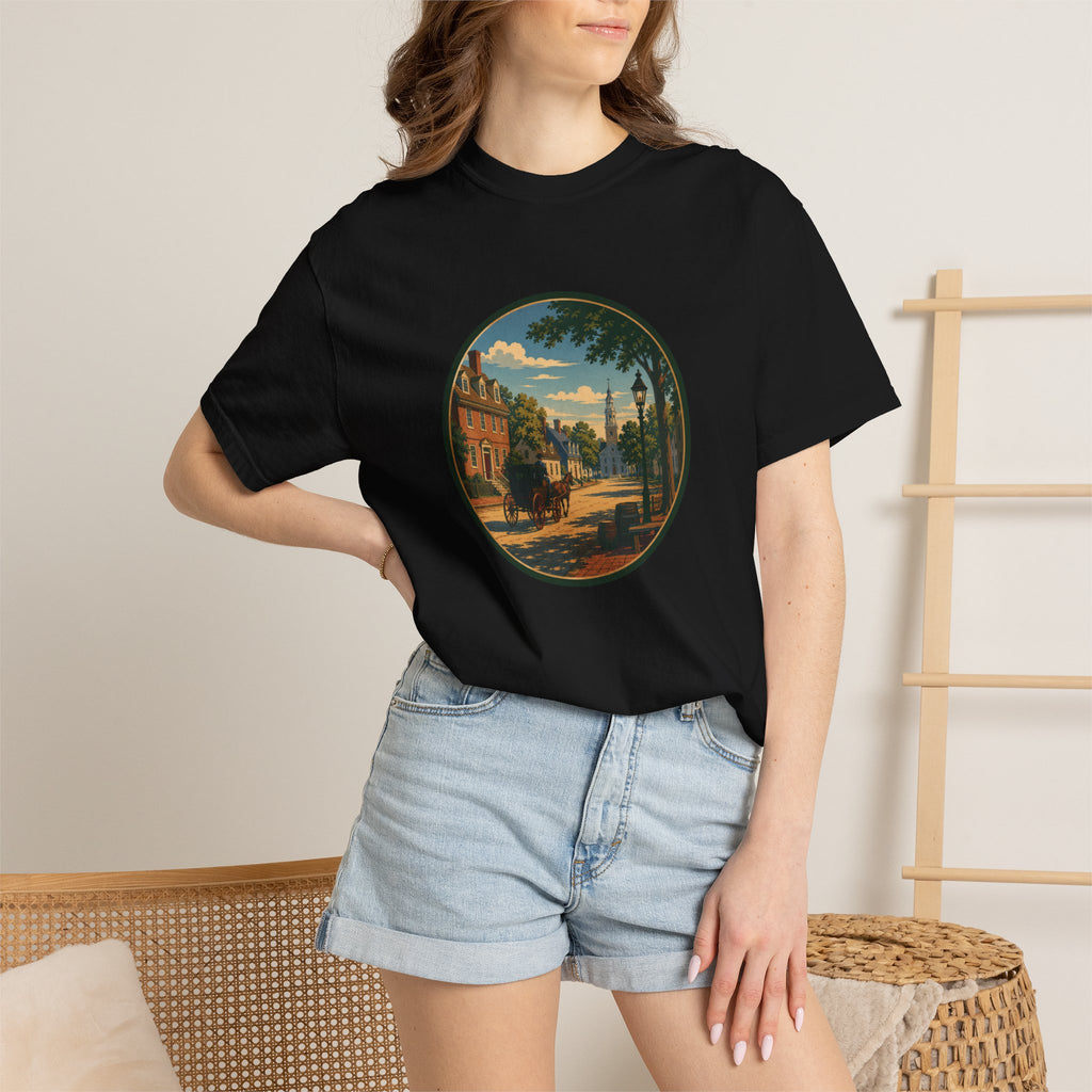 Colonial Carriage Ride T-Shirt — Retro Scenic Circle Print