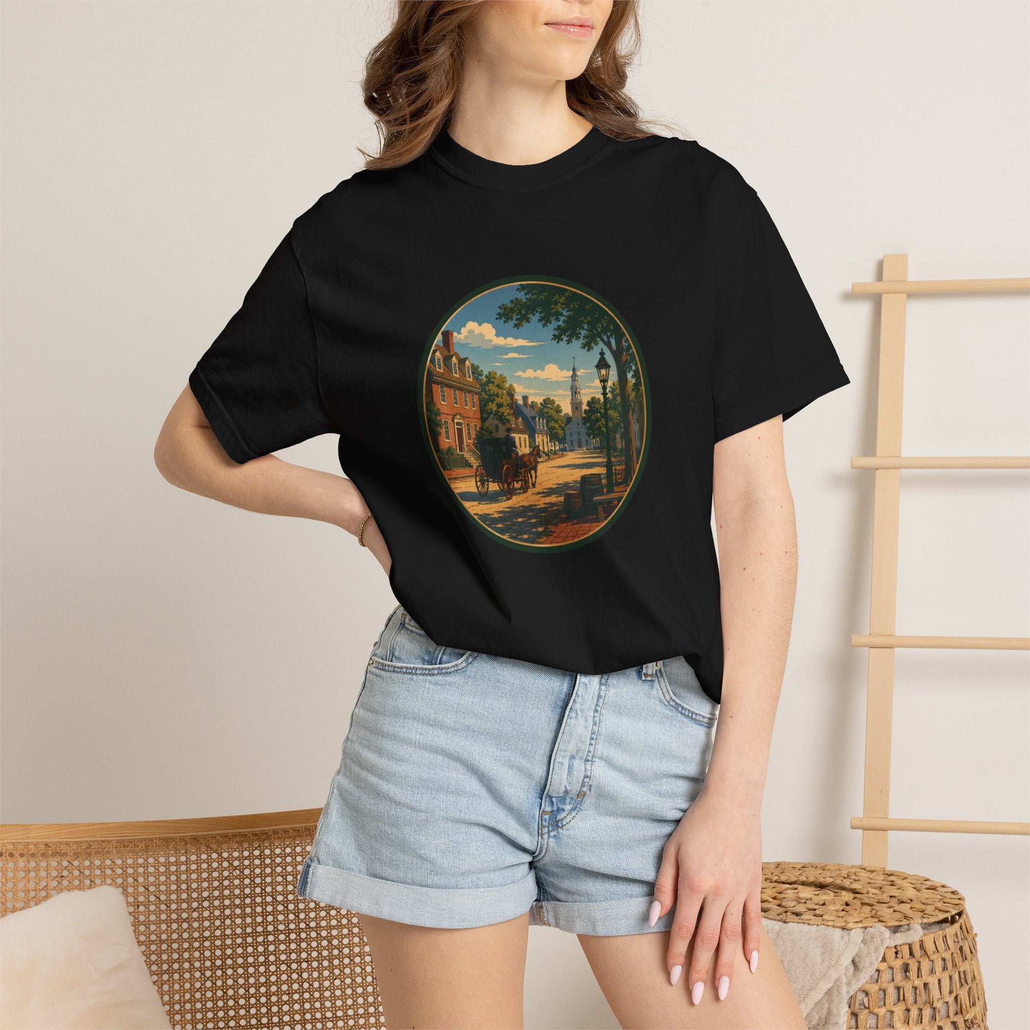 Colonial Carriage Ride T-Shirt — Retro Scenic Circle Print
