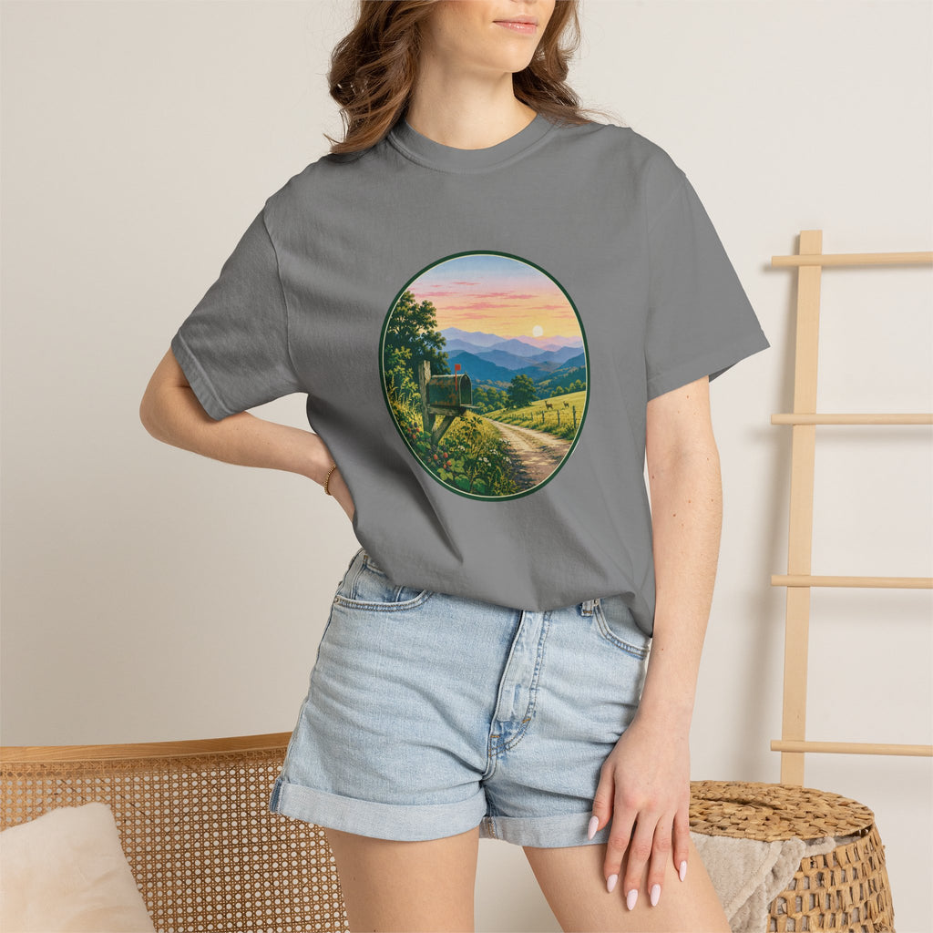 Scenic Backroad Sunset T-Shirt — Vintage Mailbox Circle Landscape Tee