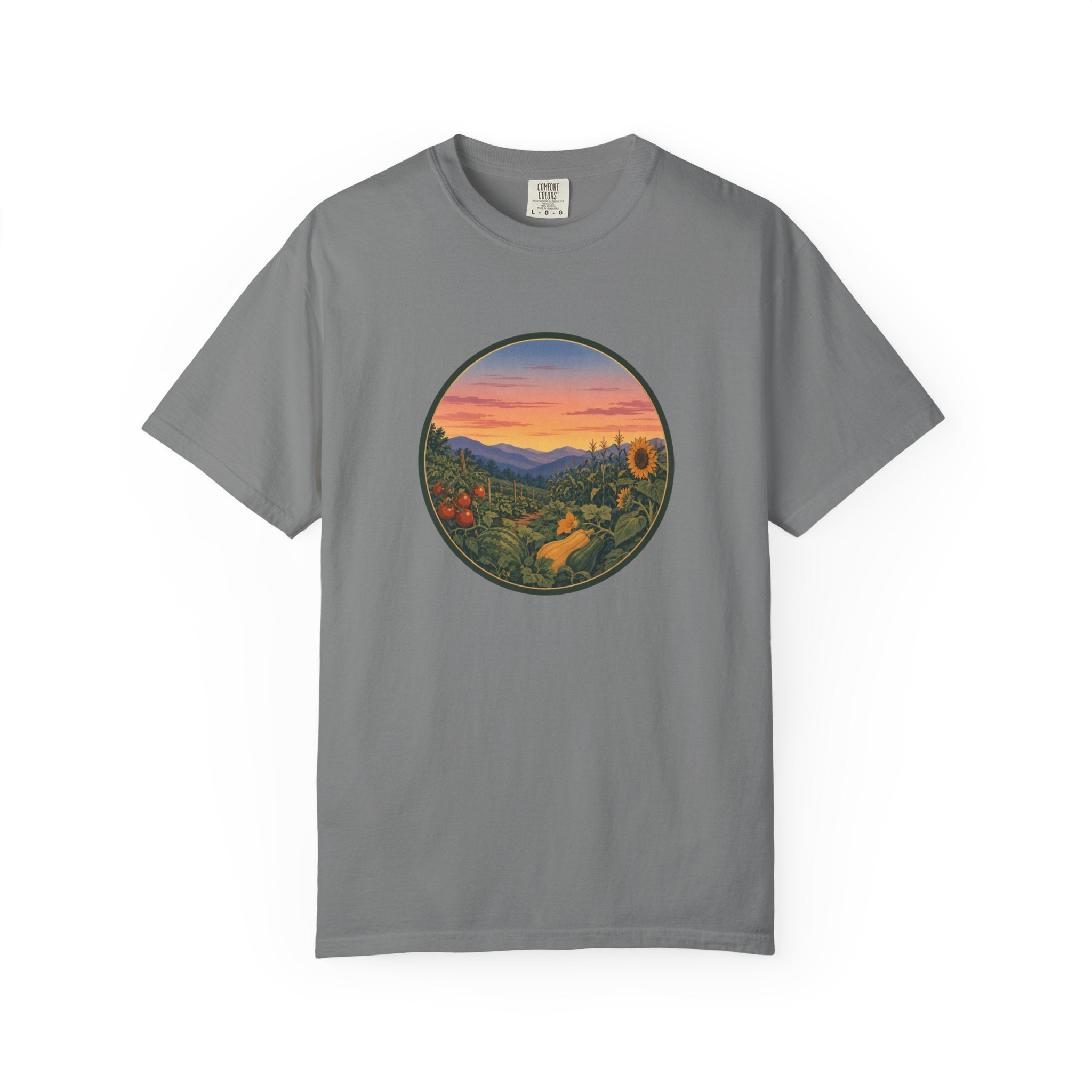 Sunset Mountain Garden T-Shirt — Scenic Fresh Vegetables Landscape Tee