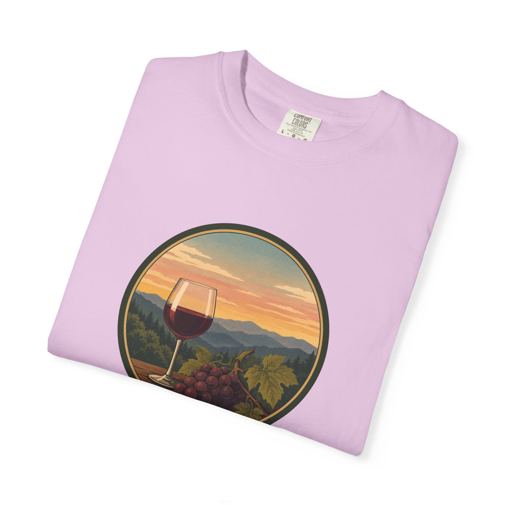 Wine Sunset T-Shirt — Vineyard Glass & Grapes Scenic Tee