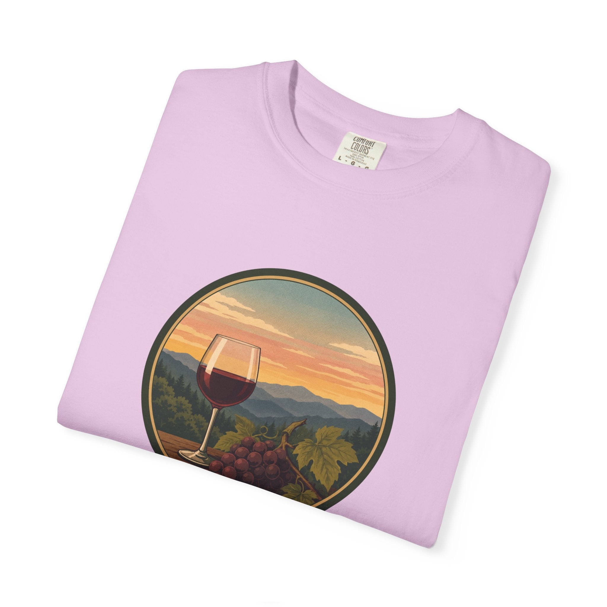 Wine Sunset T-Shirt — Vineyard Glass & Grapes Scenic Tee