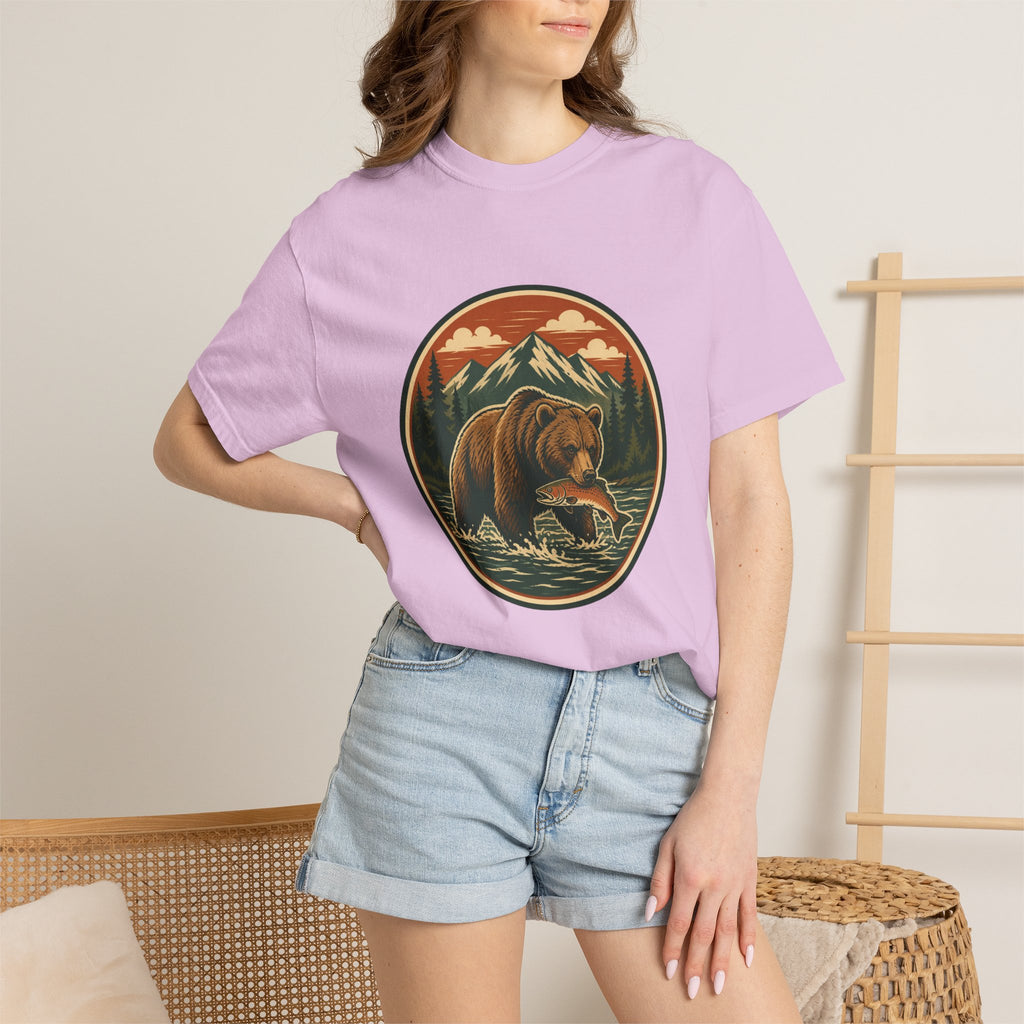 Bear Fishing Mountain T-Shirt — Retro Wilderness Outdoor Graphic Tee