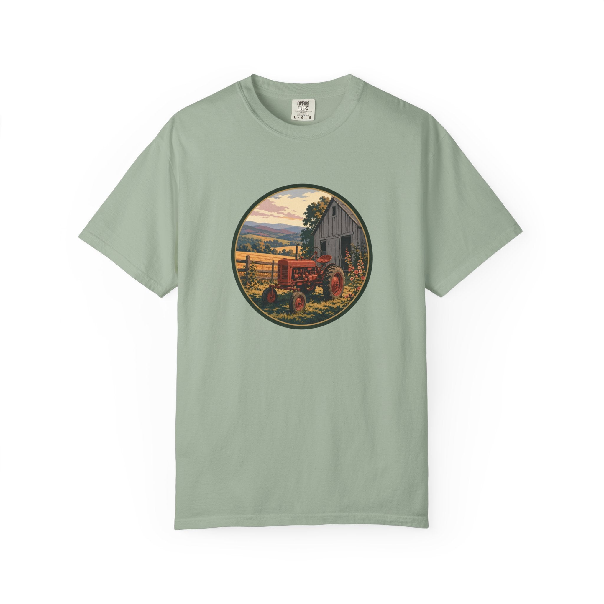Vintage Farm Tractor T-Shirt — Rustic Barnyard Sunset Graphic Tee