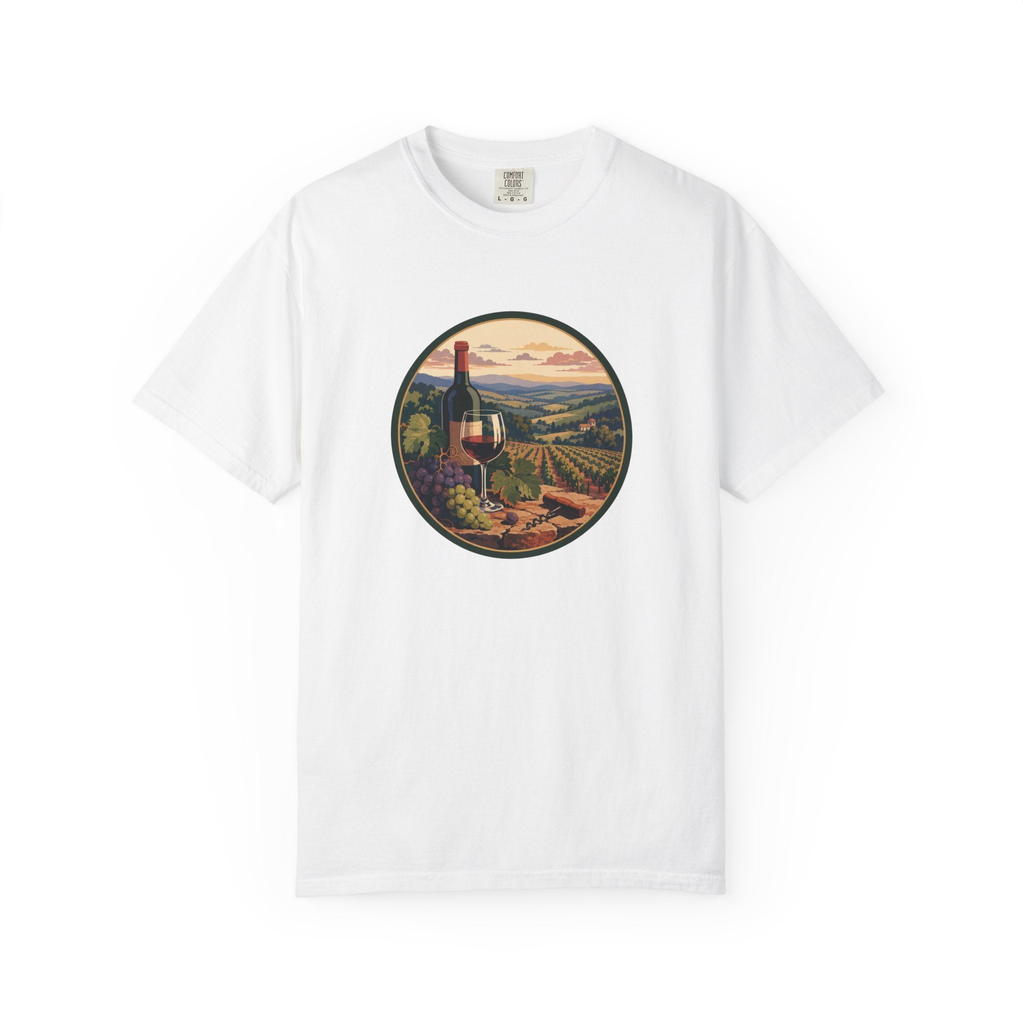 Wine Country Scenic T-Shirt – Vineyard Bottle & Sunset Graphic
