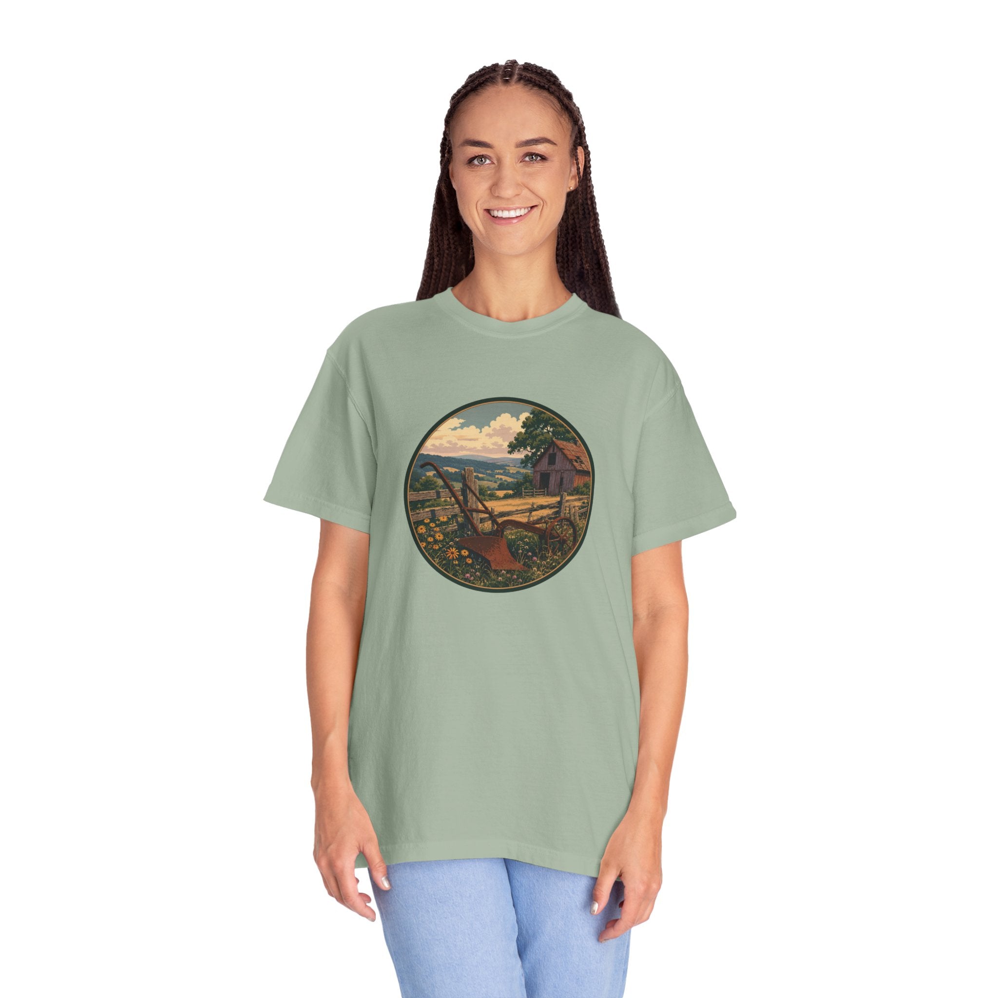 Vintage Countryside T-Shirt — Scenic Farm Landscape Graphic