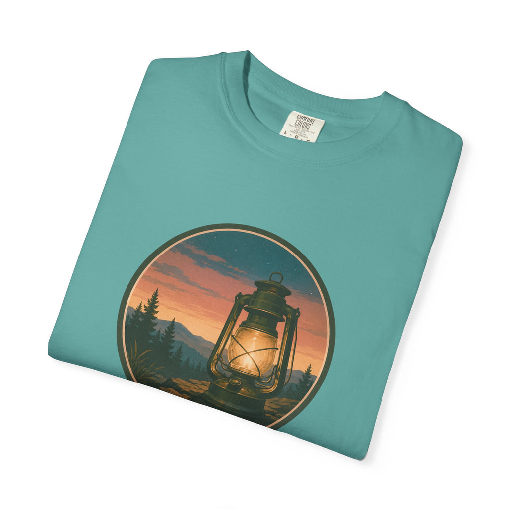 Lantern Sunset T-Shirt — Vintage Campfire Night Graphic Tee