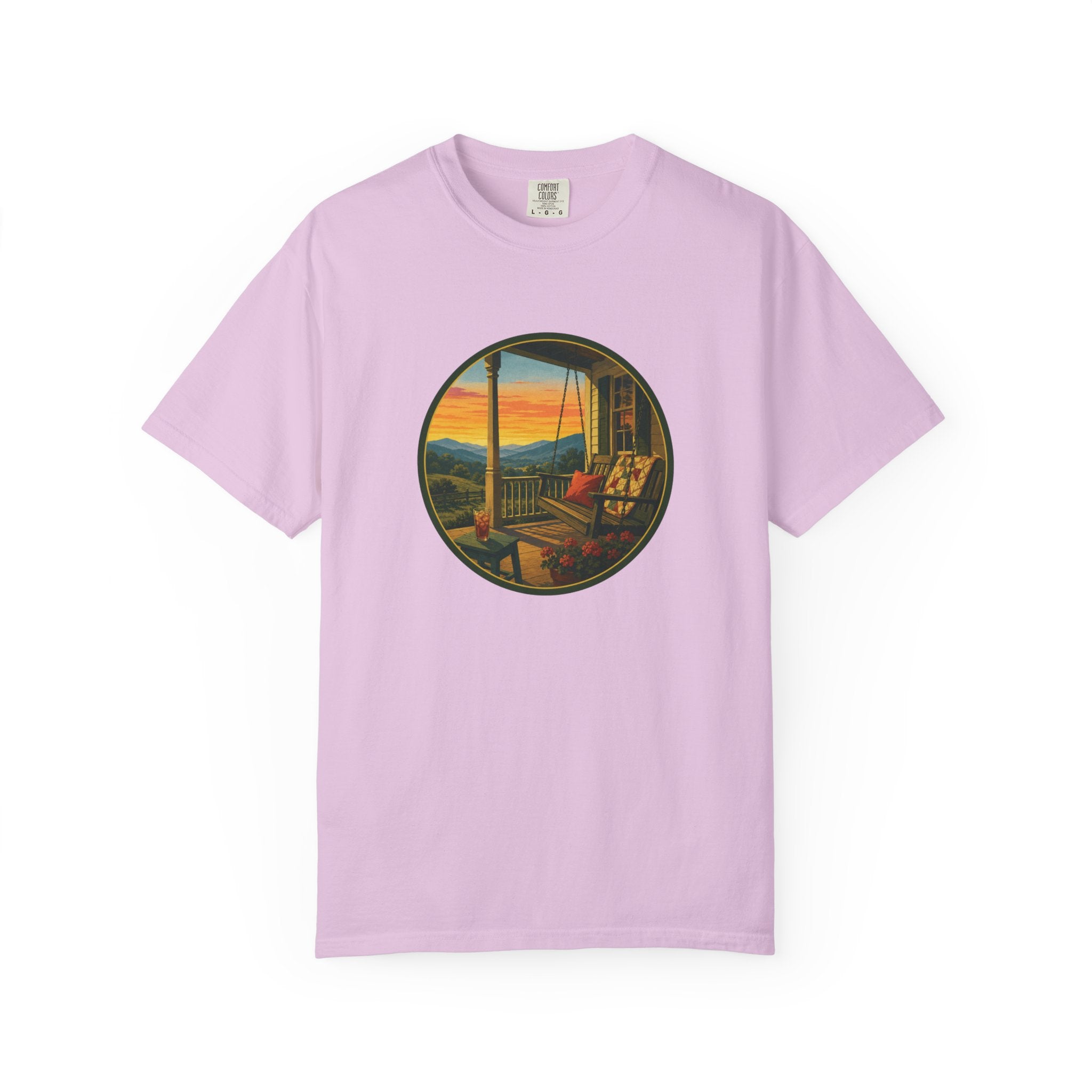 Sunset Porch Circle T-Shirt — Scenic Porch Swing Graphic Tee