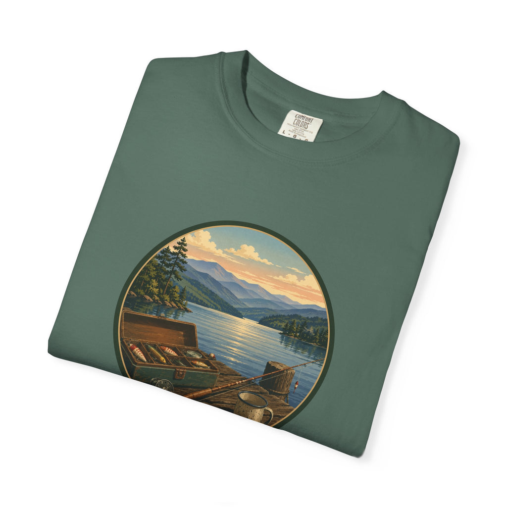 Vintage Fishing Tackle T-Shirt — Mountain View Dock Scene Tee
