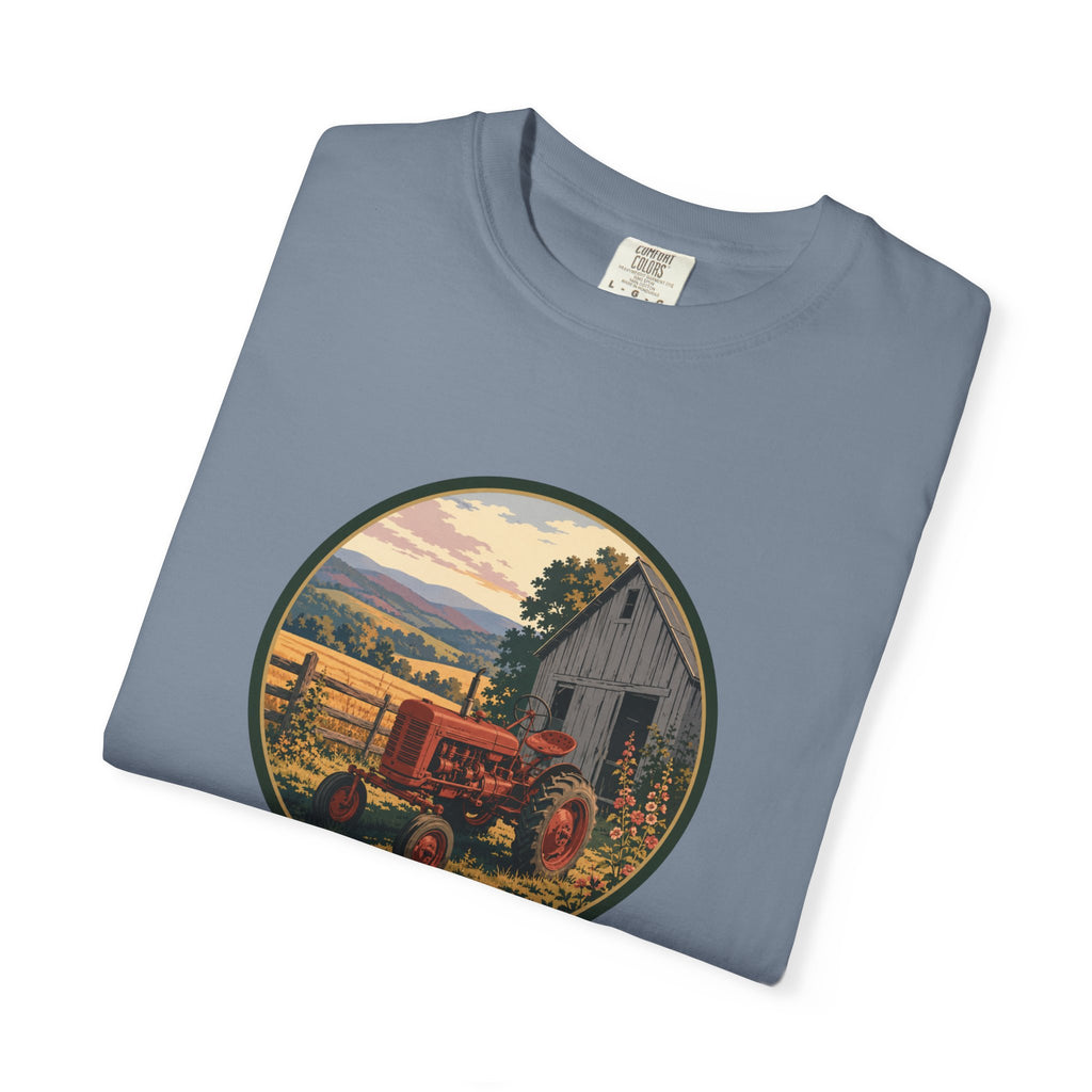 Vintage Farm Tractor T-Shirt — Rustic Barnyard Sunset Graphic Tee