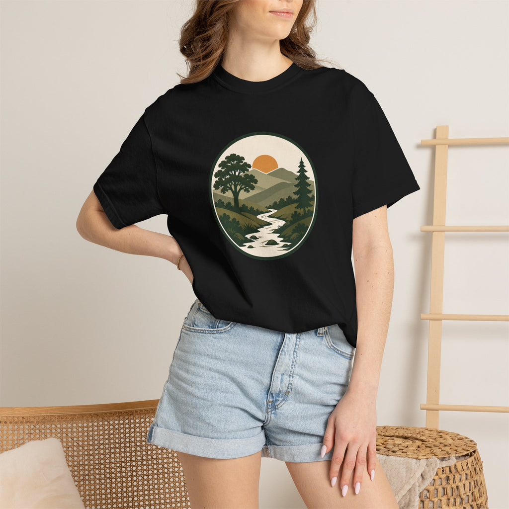 Simple Goodness Badge T-Shirt — Scenic Mountain Sunset River Design