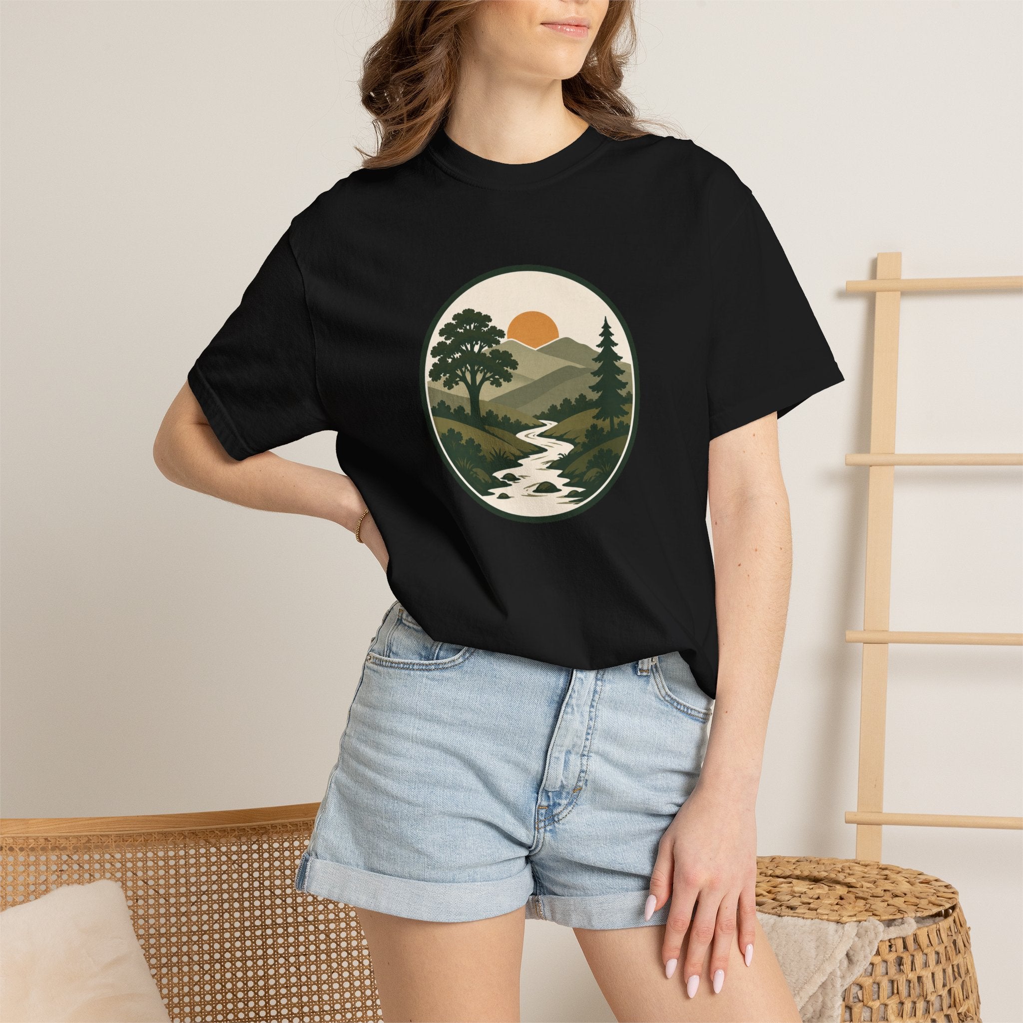 Simple Goodness Badge T-Shirt — Scenic Mountain Sunset River Design