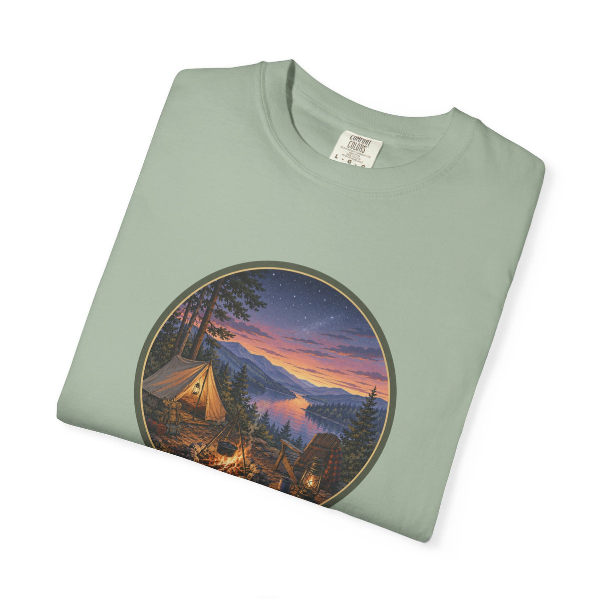 Camping Sunset T-Shirt — Riverside Campfire Night Scene
