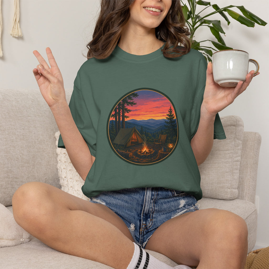 Camping Sunset T-Shirt — Vintage Campfire Scene Tee