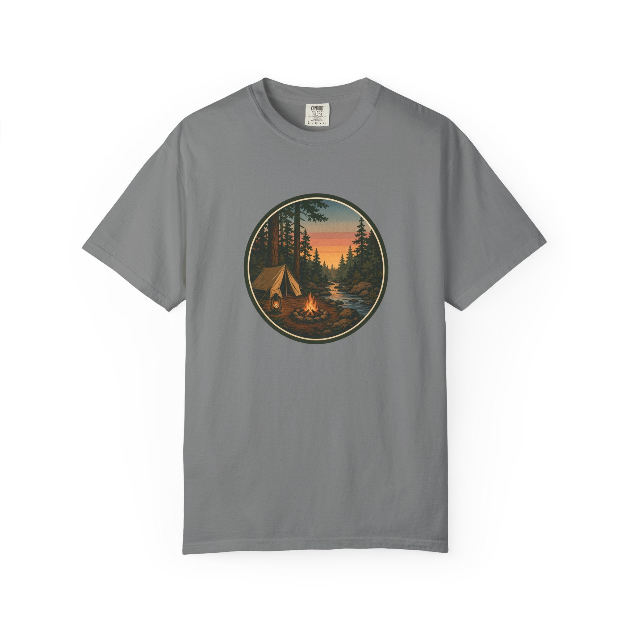 Camping Sunset T-Shirt — Vintage Tent & Campfire Graphic