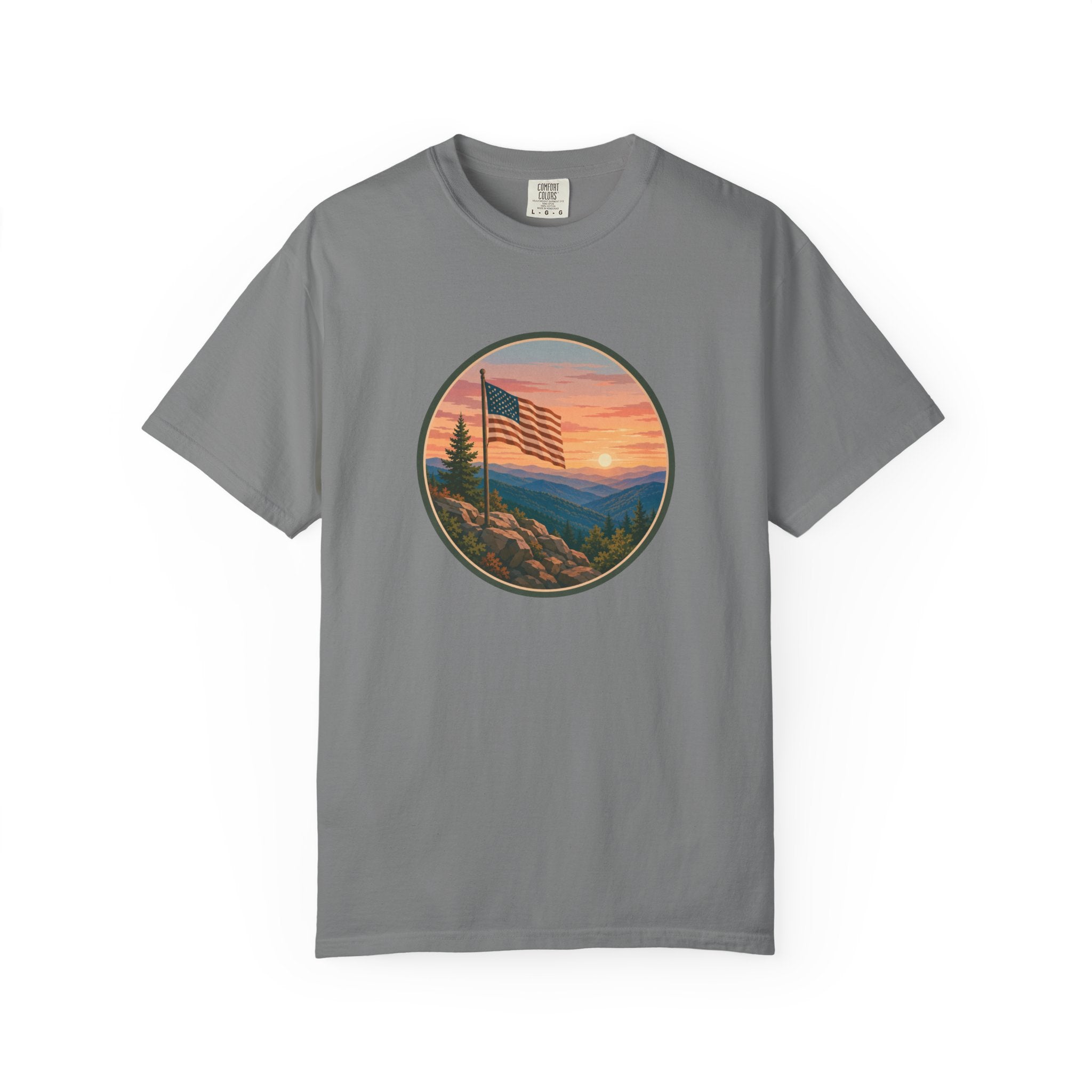 Flag Over Blue Ridge Mountains T-Shirt — Scenic Sunset American Flag Graphic Tee