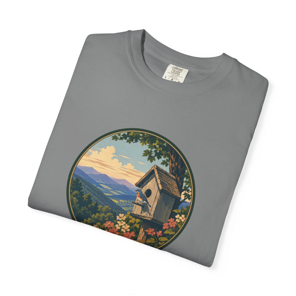 Scenic Birdhouse Tee — Mountain Sunrise Nature T-Shirt