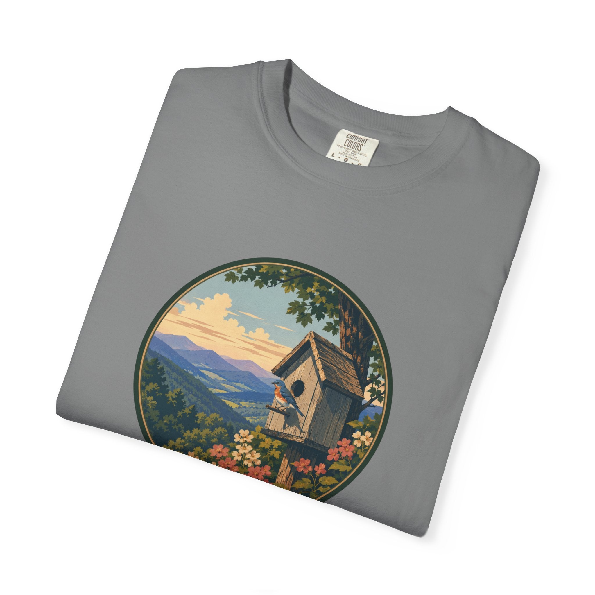 Scenic Birdhouse Tee — Mountain Sunrise Nature T-Shirt