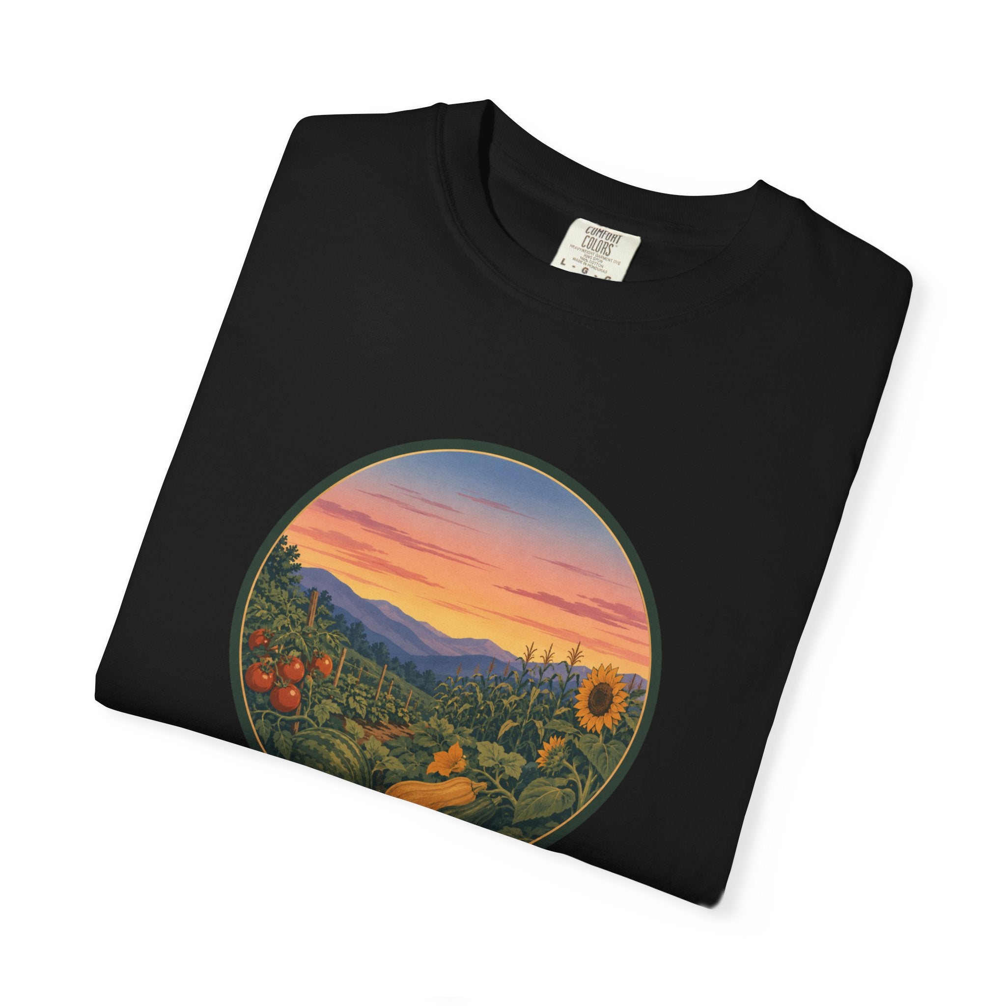 Sunset Mountain Garden T-Shirt — Scenic Fresh Vegetables Landscape Tee