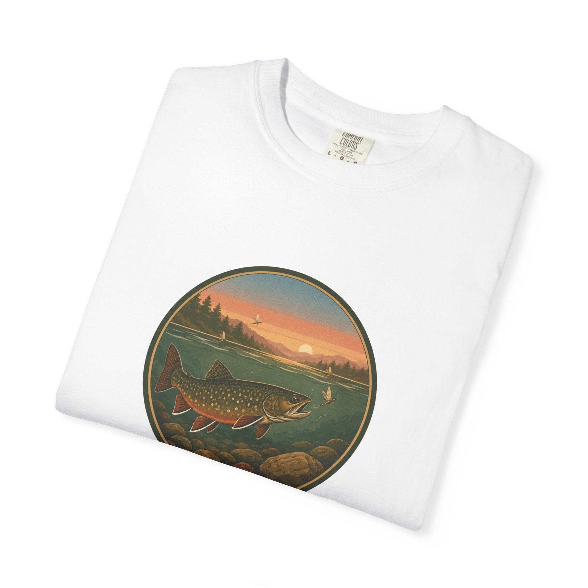Brook Trout Sunset Fishing T-Shirt — Vintage River Scene Tee