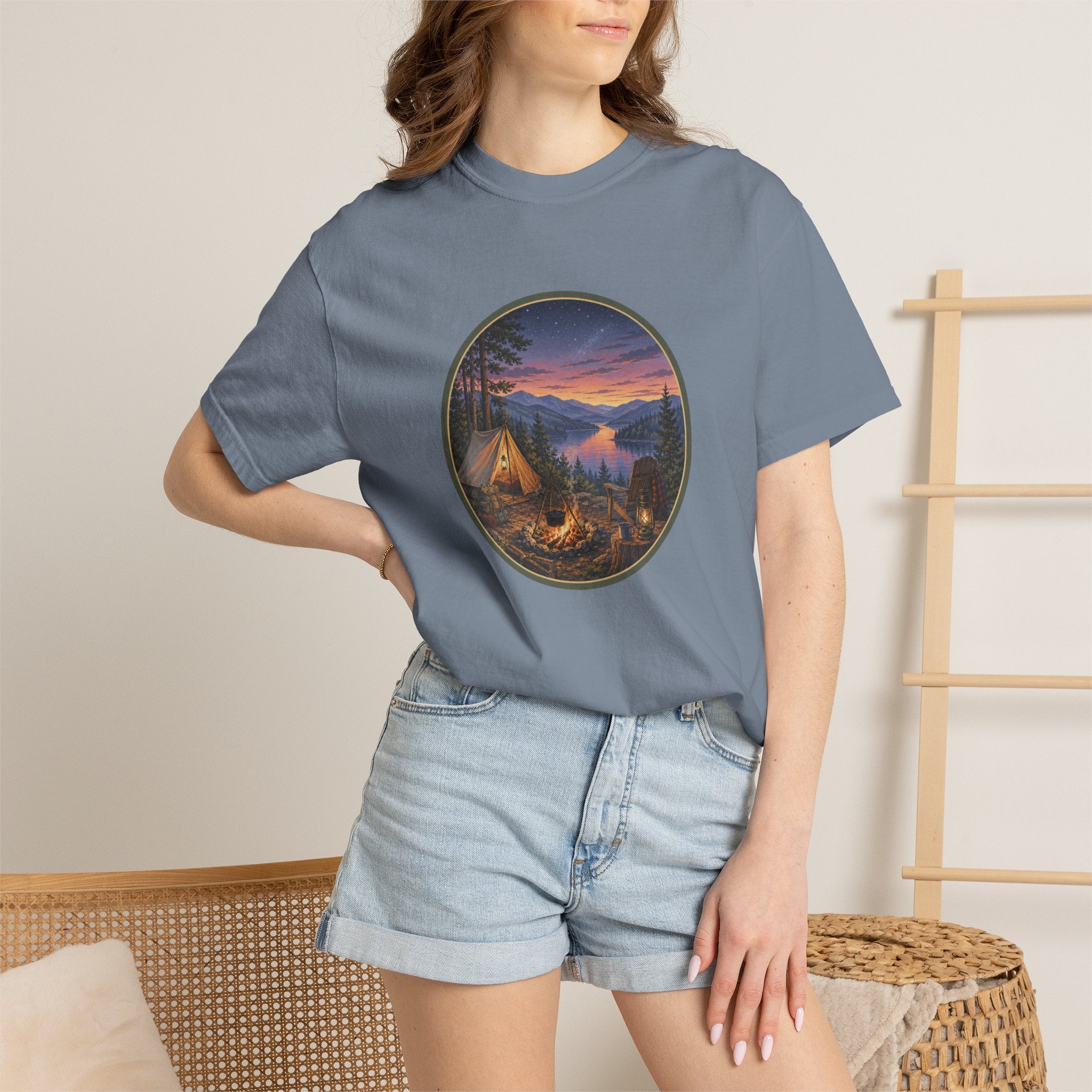 Camping Sunset T-Shirt — Riverside Campfire Night Scene