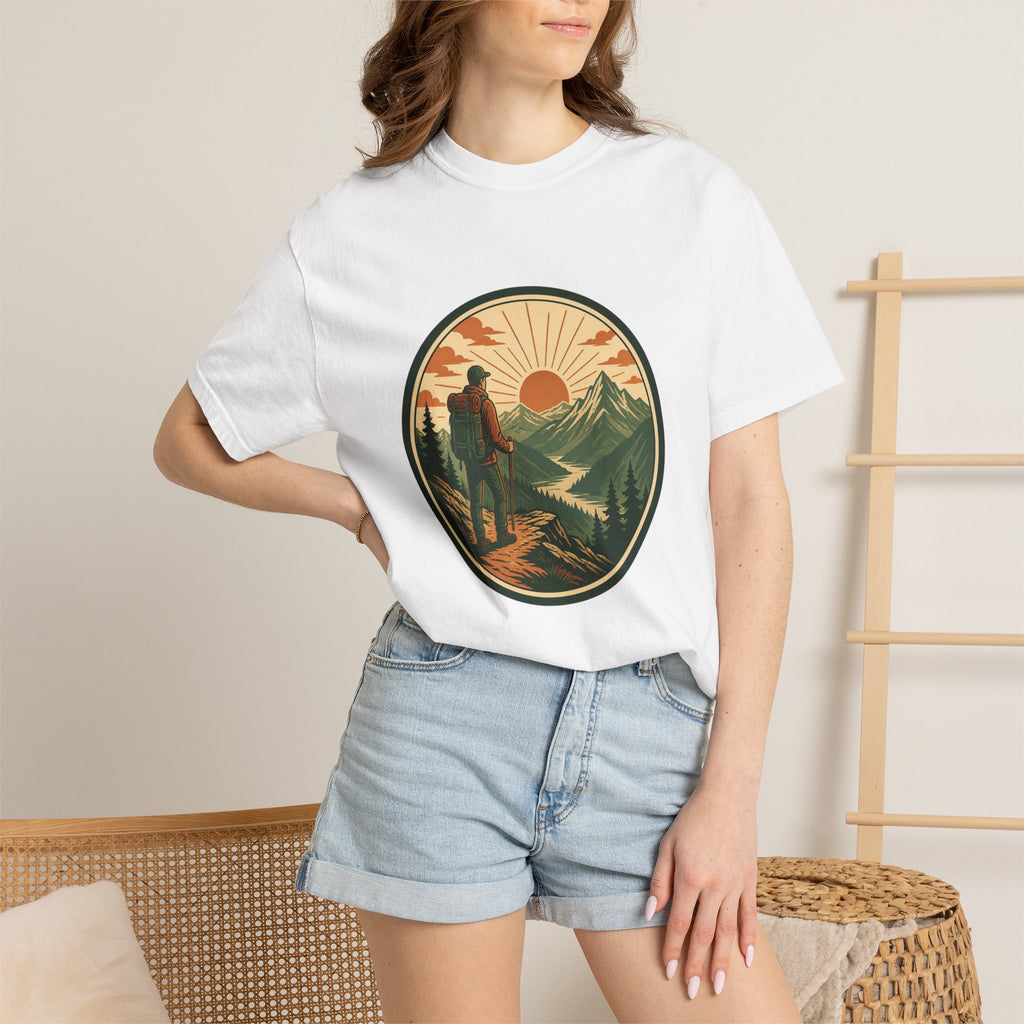 Hiker Sunset Graphic T-Shirt — Mountain Adventure Outdoor Tee