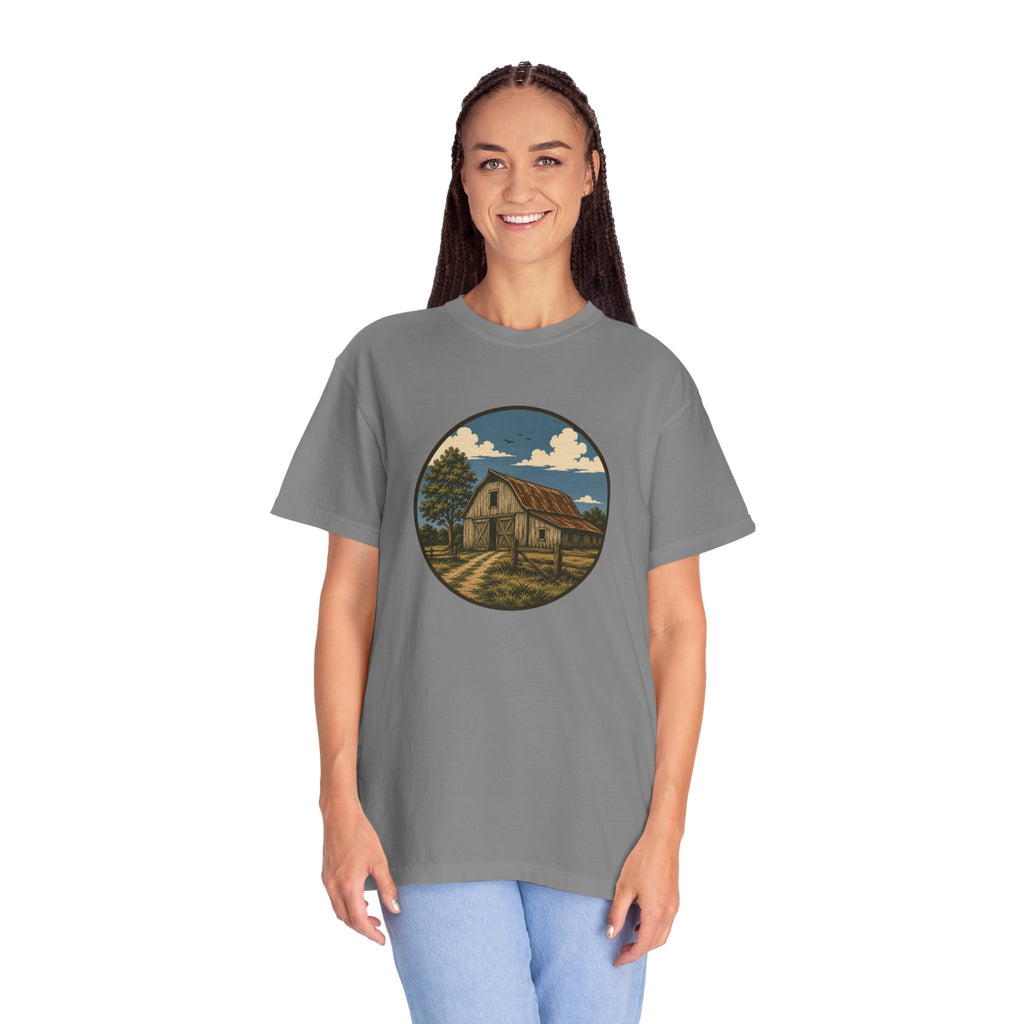 Barn Scene T-Shirt — Rustic Farmhouse Circle Graphic Tee