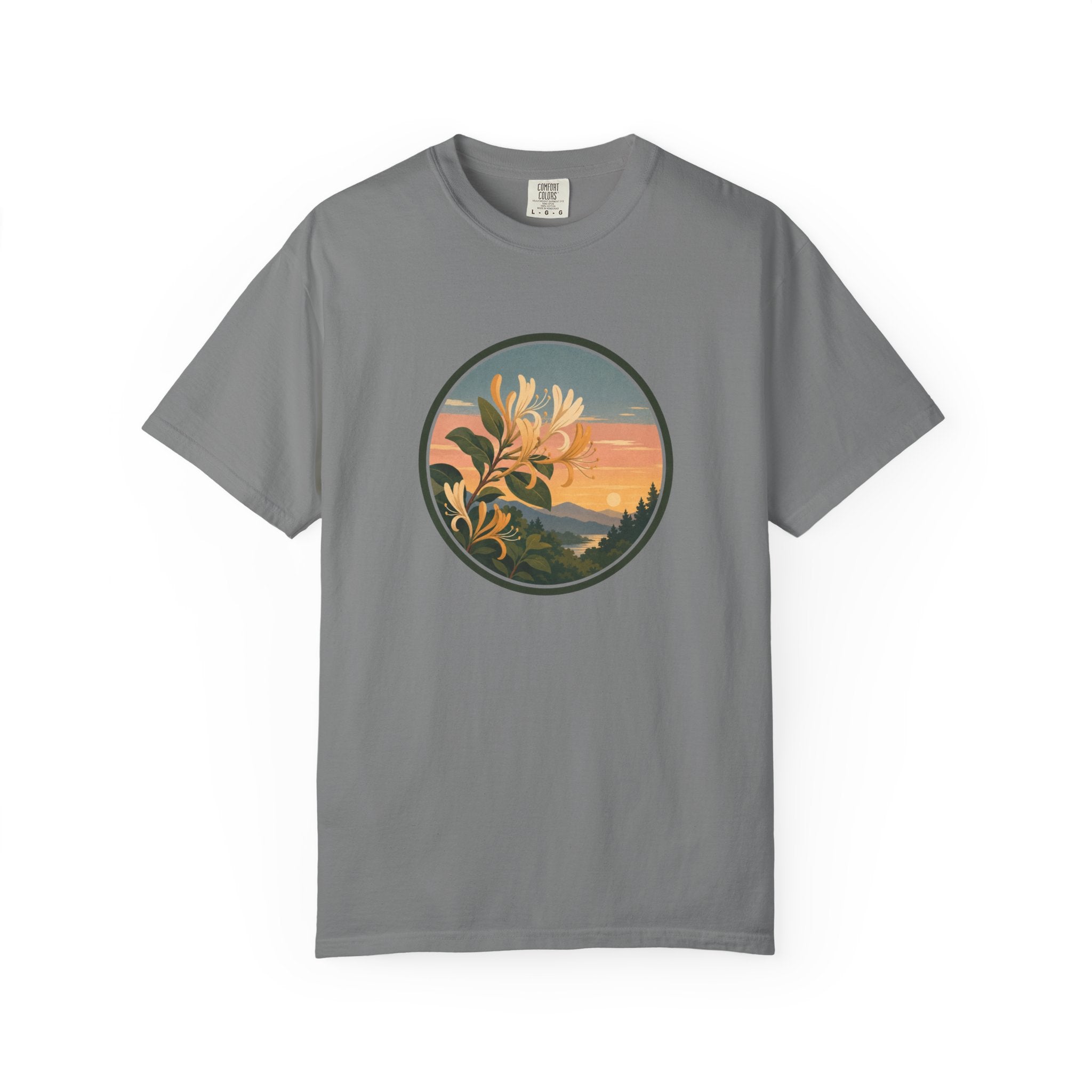 Sunset Honeysuckle T-Shirt — Floral Sunset Circle Graphic Tee