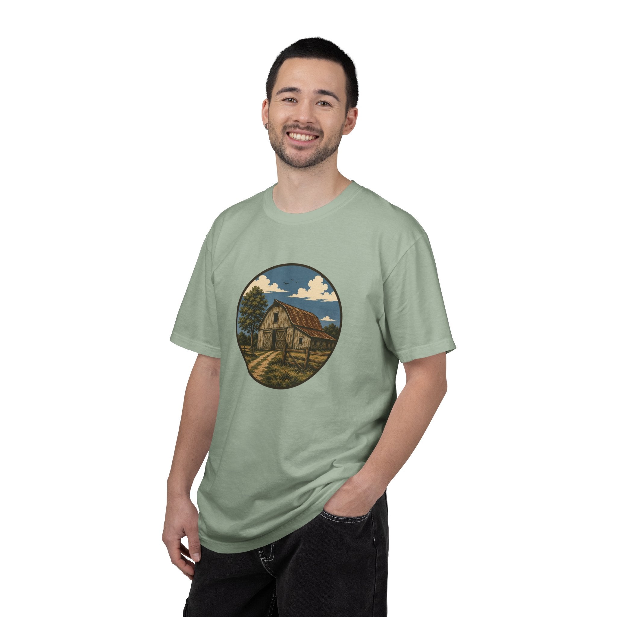 Barn Scene T-Shirt — Rustic Farmhouse Circle Graphic Tee
