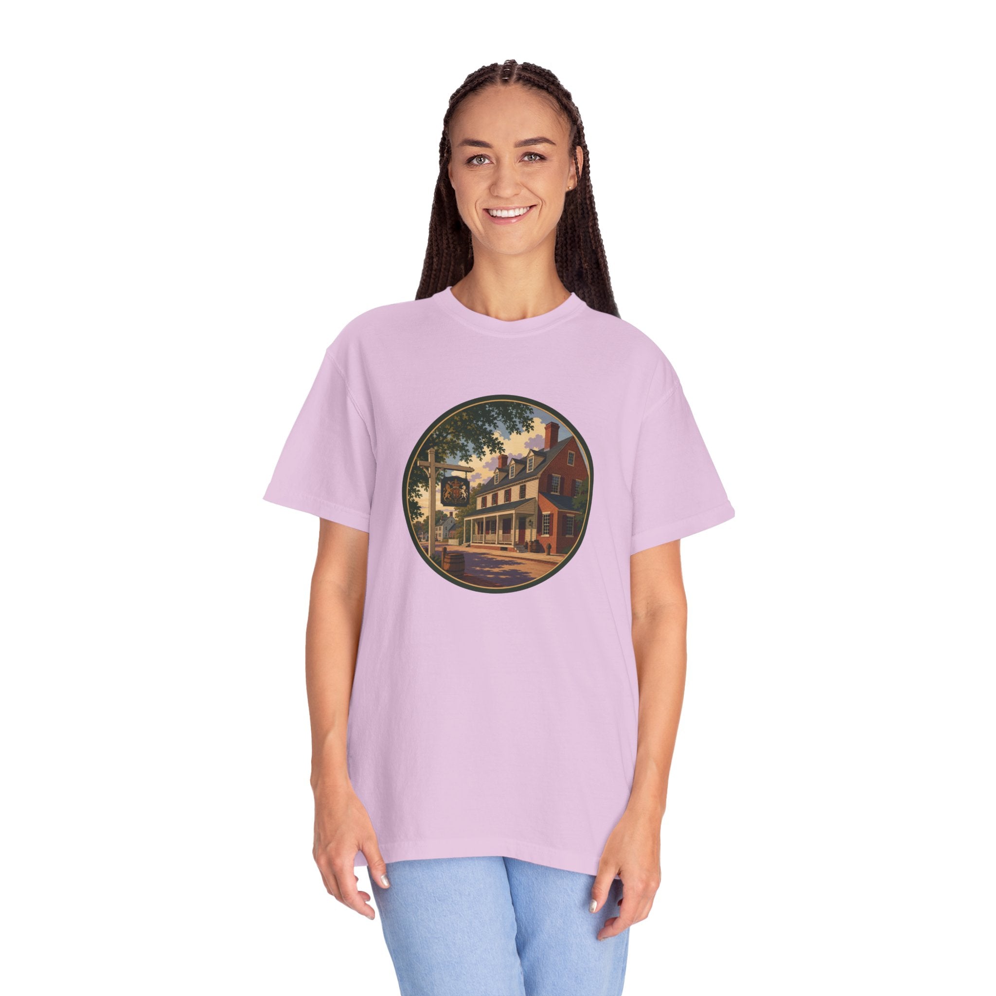 Historic Main Street Tavern T-Shirt — Colonial Village Scene Tee