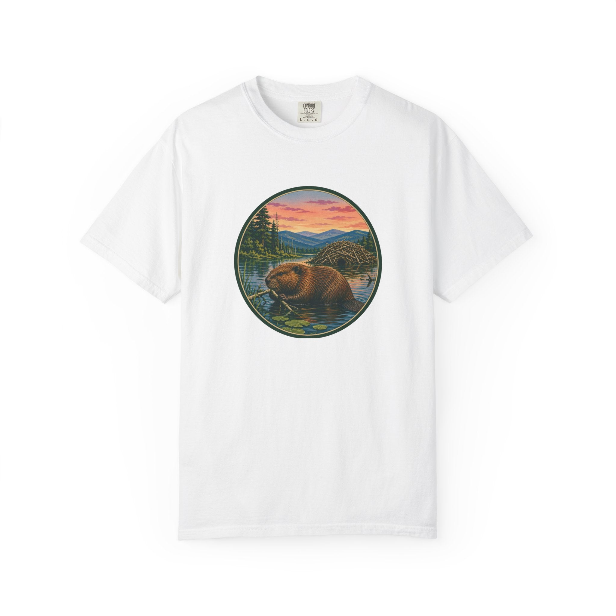Beaver Sunset T-Shirt — Mountain Lake Wildlife Graphic Tee