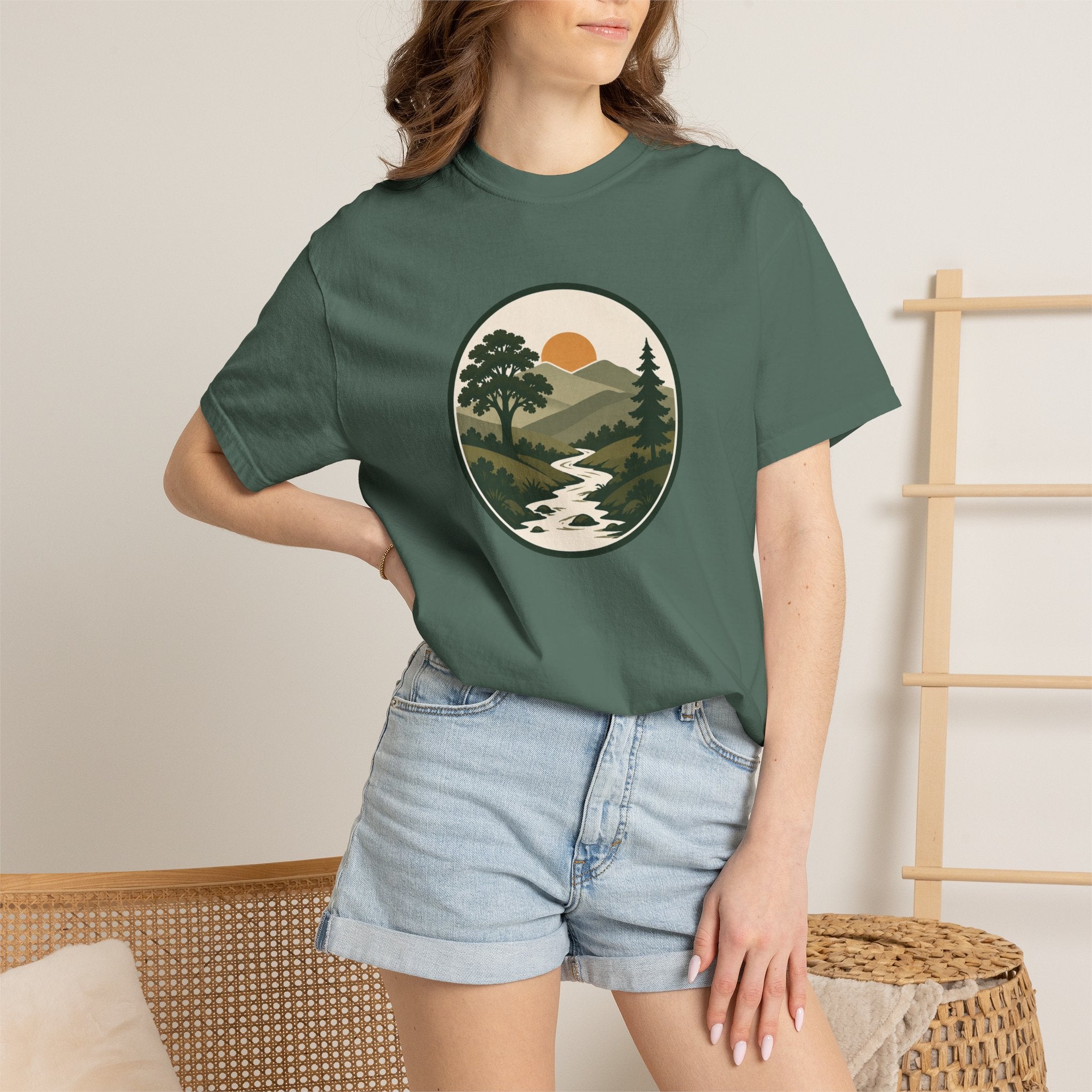 Simple Goodness Badge T-Shirt — Scenic Mountain Sunset River Design