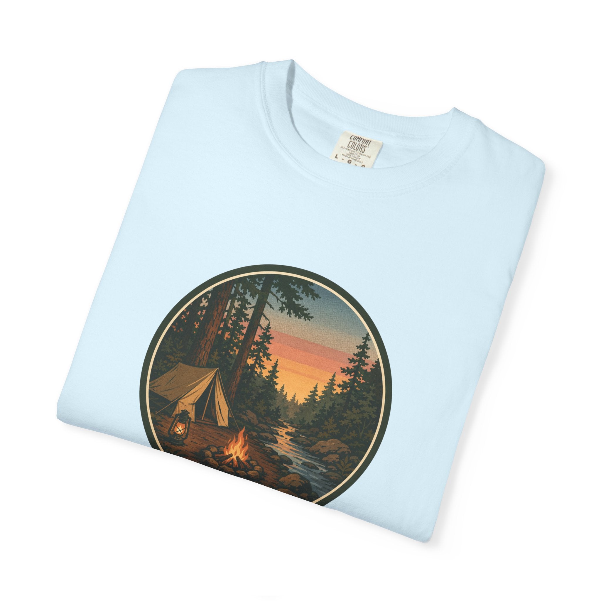 Camping Sunset T-Shirt — Vintage Tent & Campfire Graphic